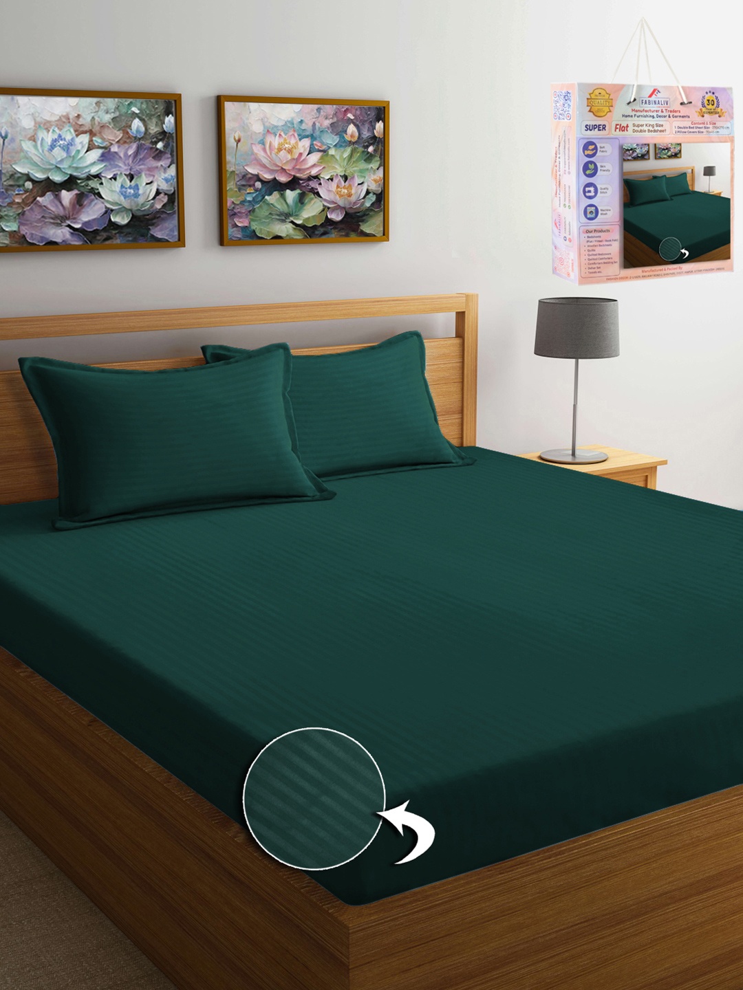 

FABINALIV Dark Green Striped 300 TC King Bedsheet With 2 Pillow Covers