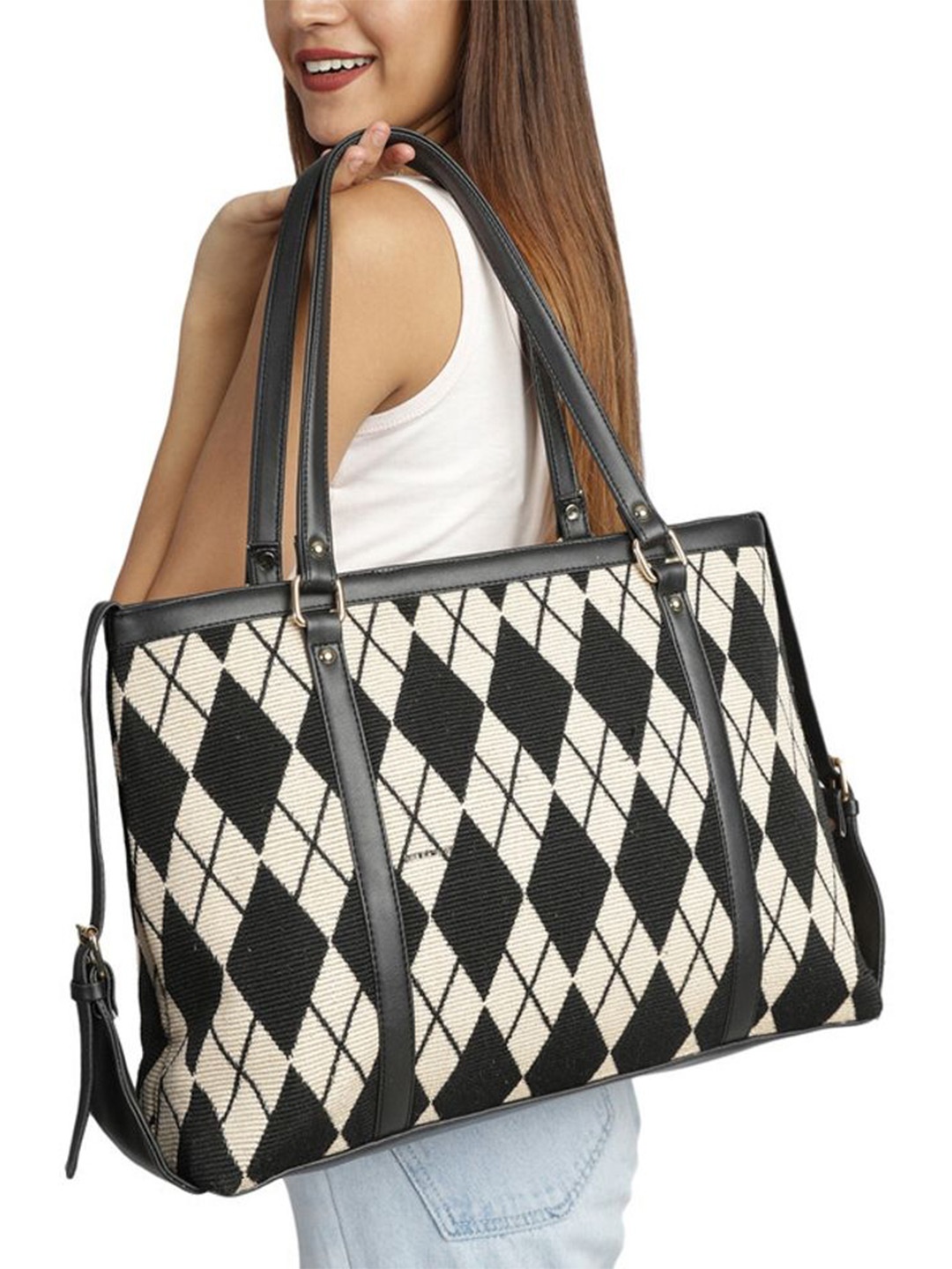 

MINI WESST Women Abstract Printed Structured Handheld Bag, Beige