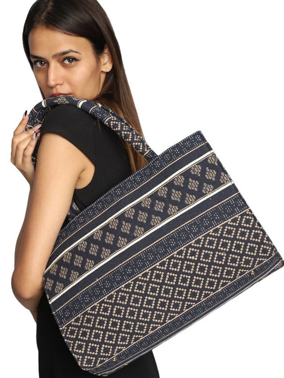 

MINI WESST Women Structured Ethnic Motifs Tote Bag, Navy blue