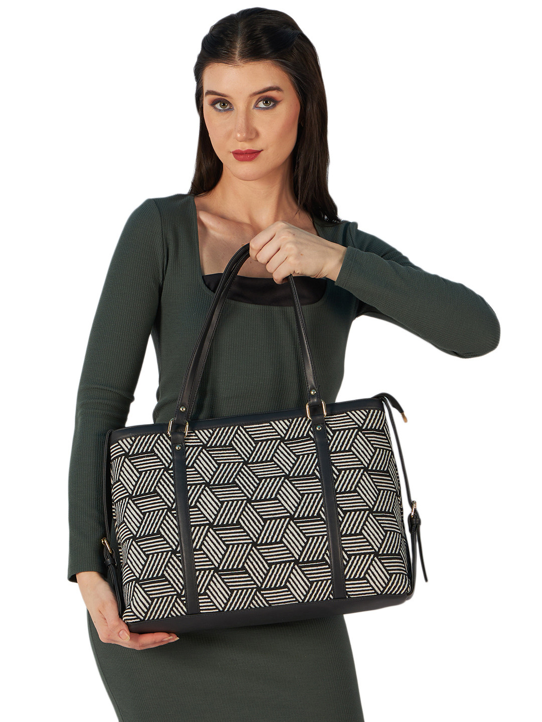 

MINI WESST Women Abstract Printed Structured Tote Bag, Black