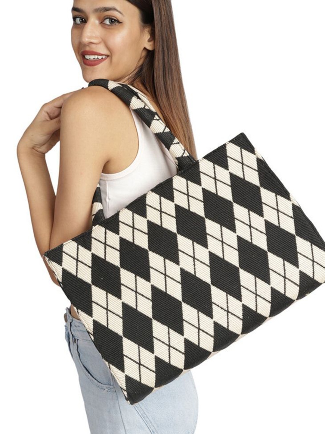

MINI WESST Women Abstract Printed Oversized Structured Shoulder Bag, White