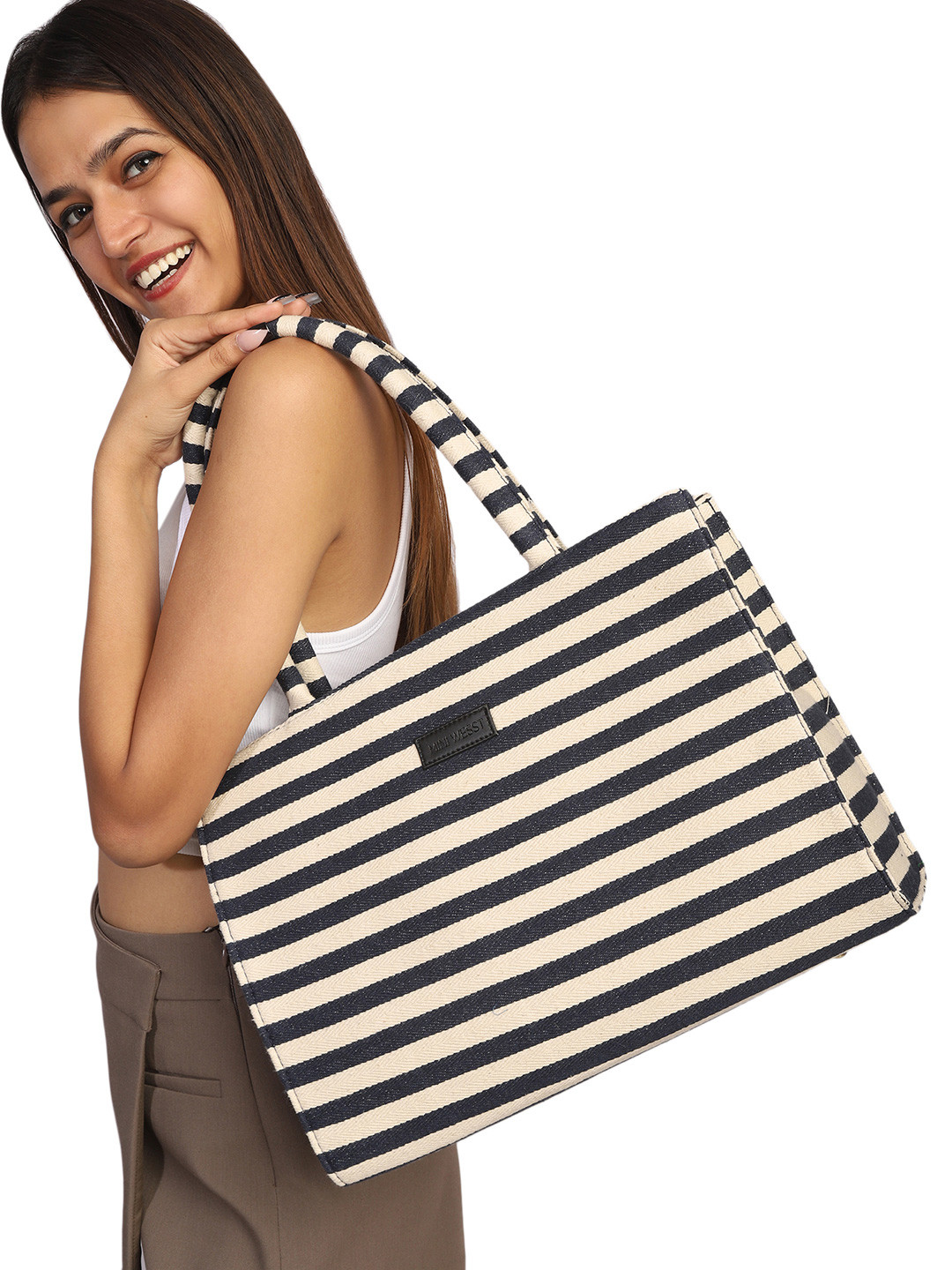 

MINI WESST Women Striped Structured Tote Bag, White