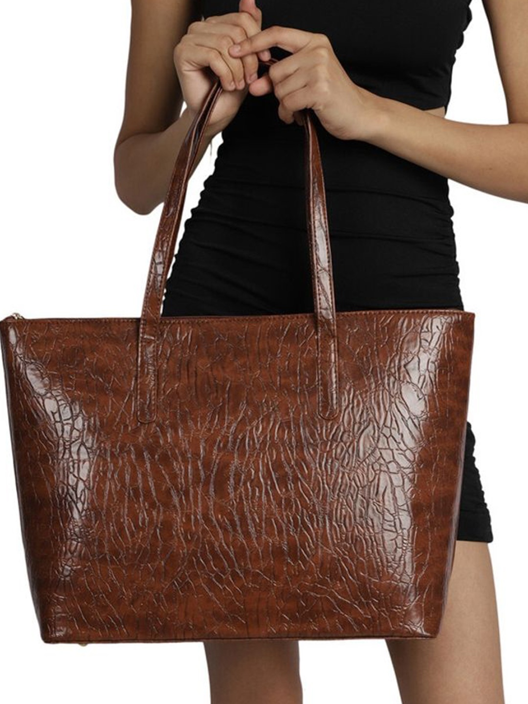 

MINI WESST Women Textured Structured Shoulder Bag, Brown