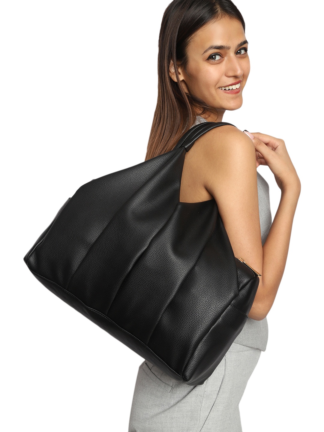 MINI WESST Women Solid Oversized Hobo Bag, Black