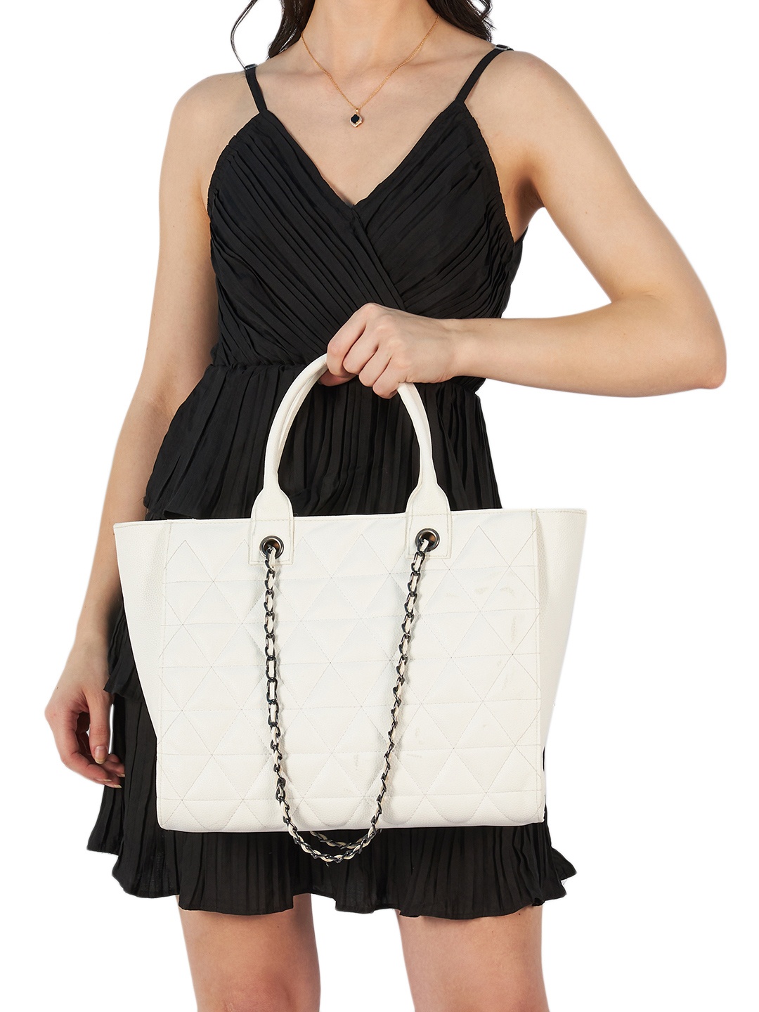 

MINI WESST Women Quilted Textured Swagger Handheld Bag, White