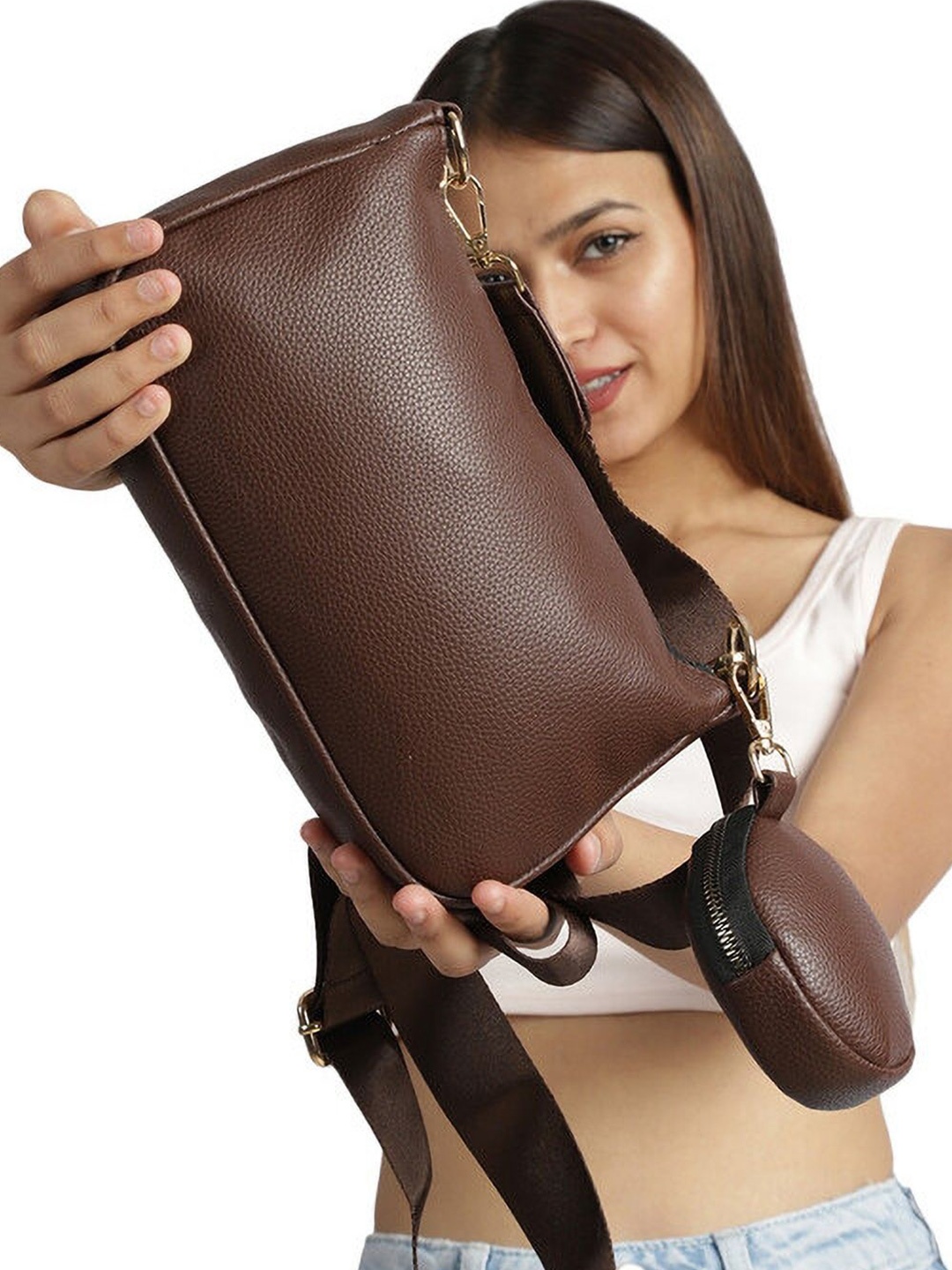 

MINI WESST Women Textured Structured Sling Bag, Brown