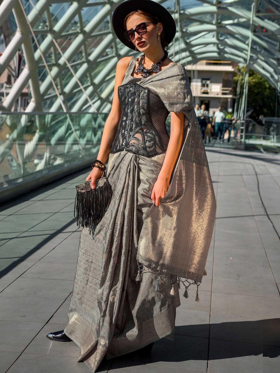 

MySilkLove Woven Design Zari Silk Blend Banarasi Saree, Grey