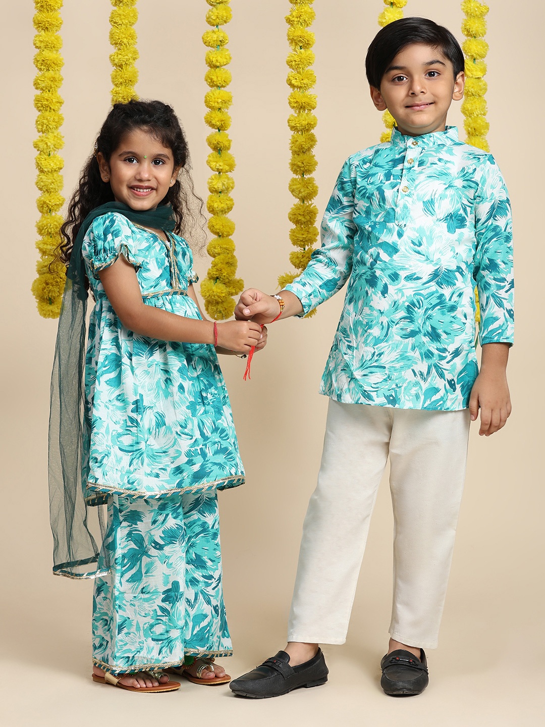 

Cutiekins Girls Floral Printed A-Line Cotton Gotta Patti Kurta with Sharara & Dupatta, Off white