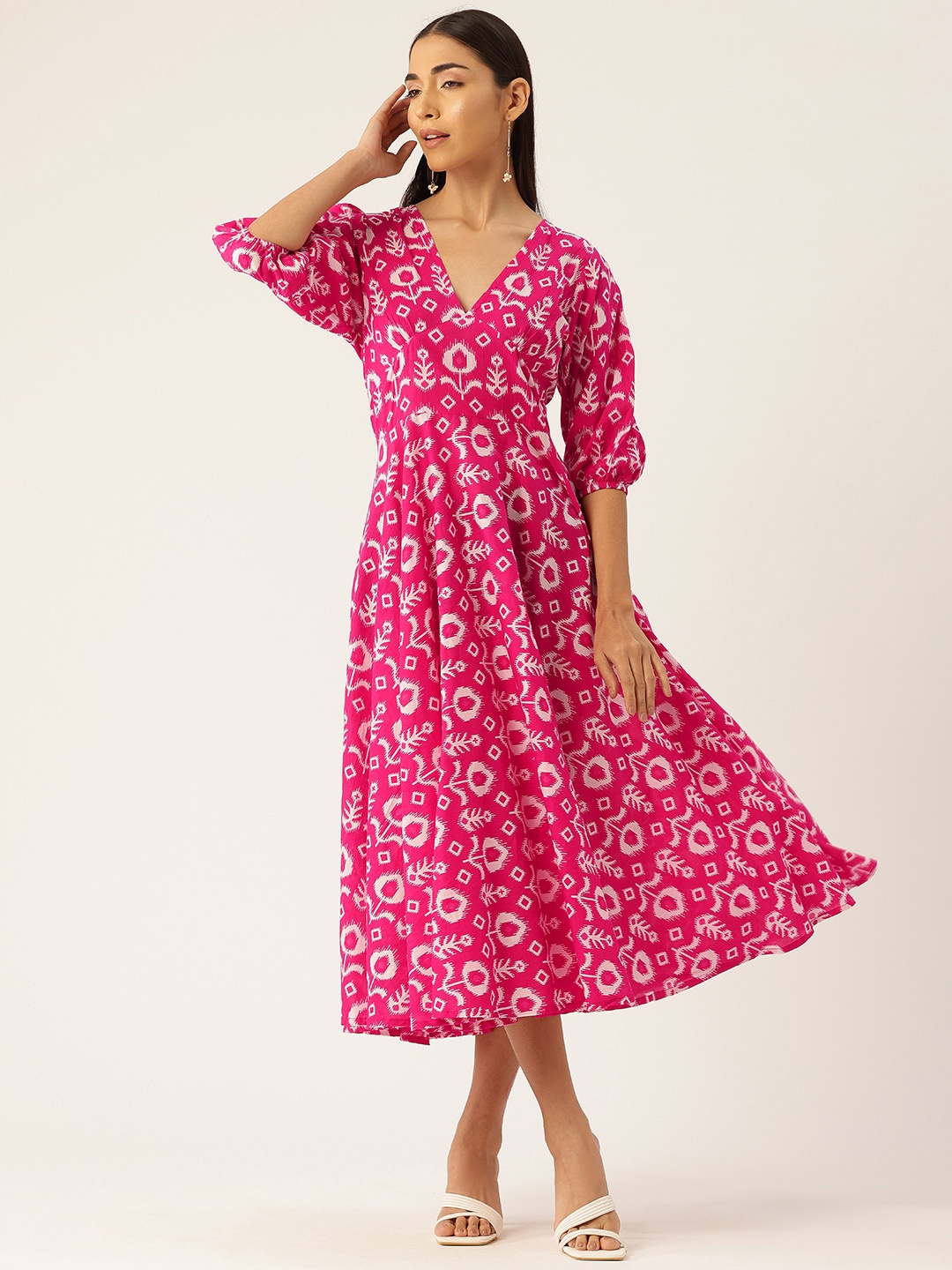 

FERANOID Floral Print Puff Sleeves Pure Cotton Wrap Midi Dress, Pink