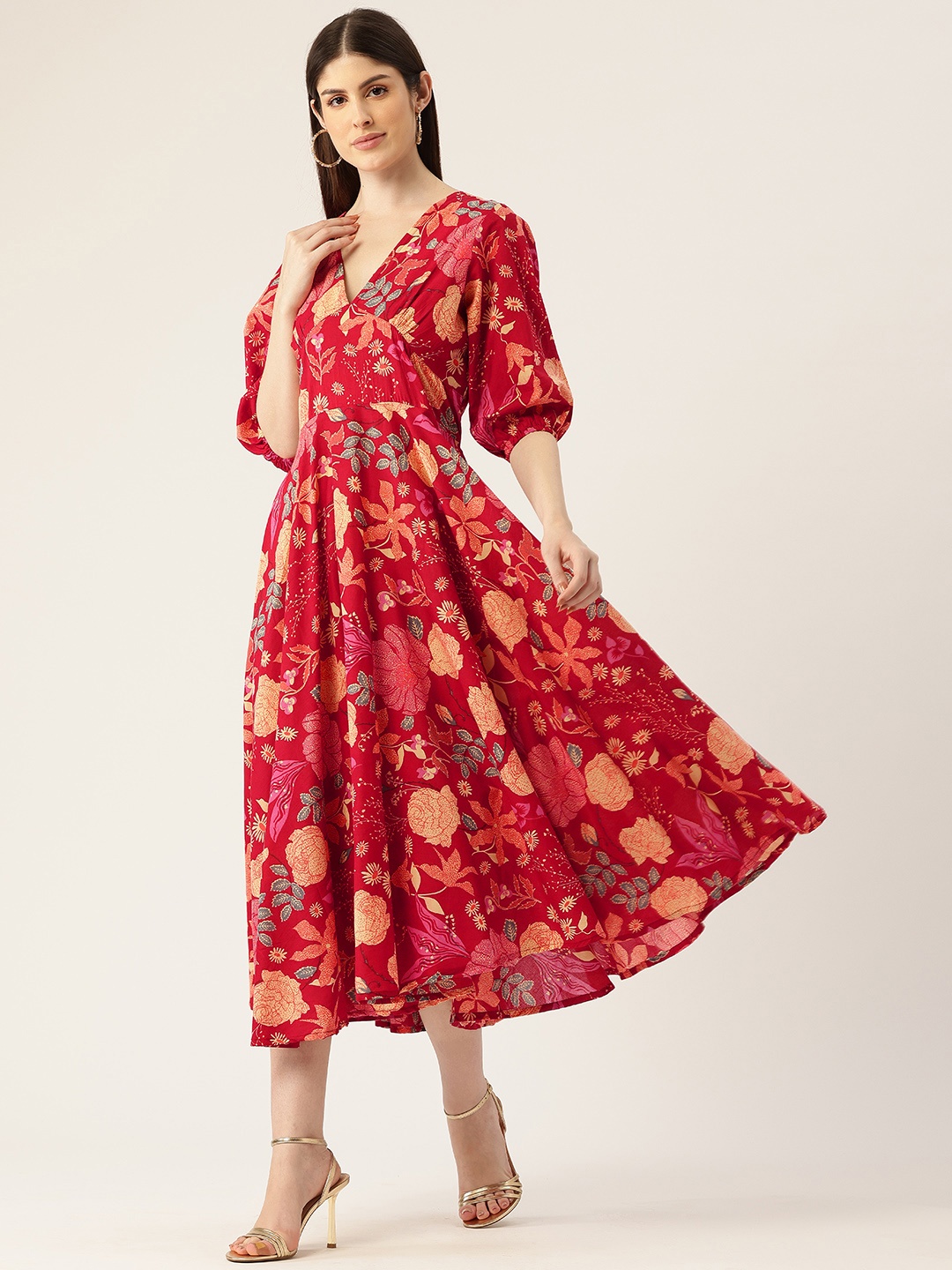 

FERANOID Floral Print Puff Sleeves Pure Cotton Wrap Midi Dress, Red