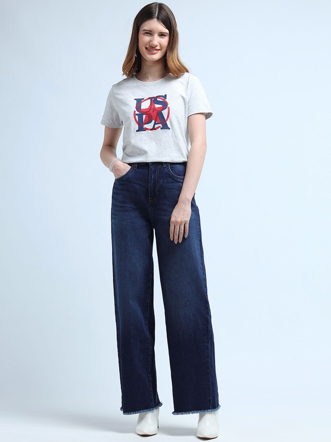 

U.S. Polo Assn. Women Wide Leg High-Rise Light Fade Stretchable Jeans, Blue