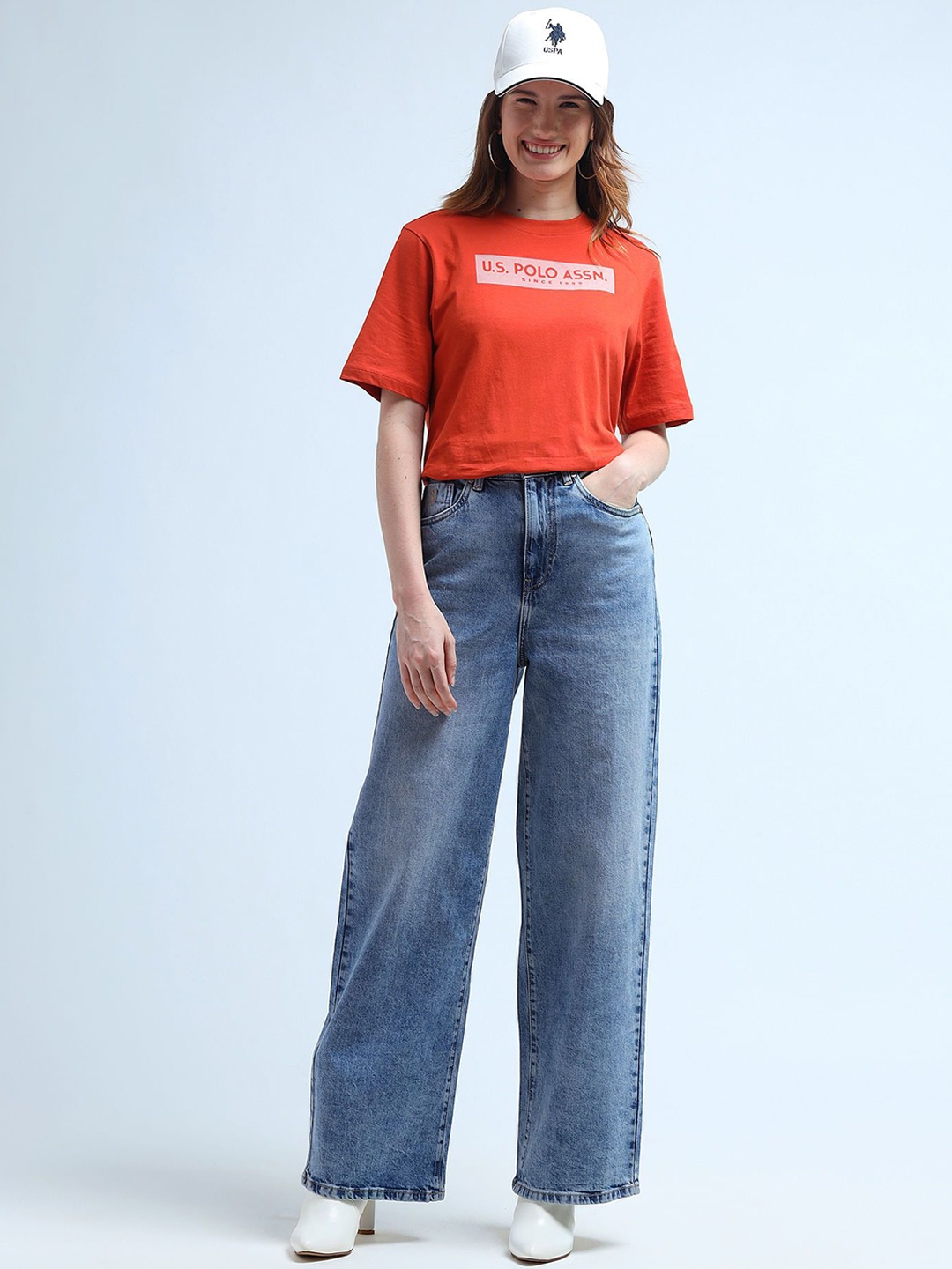 

U.S. Polo Assn. Women Wide Leg High-Rise Cotton Heavy Fade Stretchable Jeans, Blue