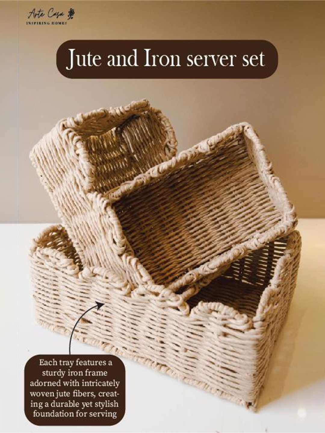 

ArteCasa Brown Pack Of 3 Self Design Jute and Iron Server Set