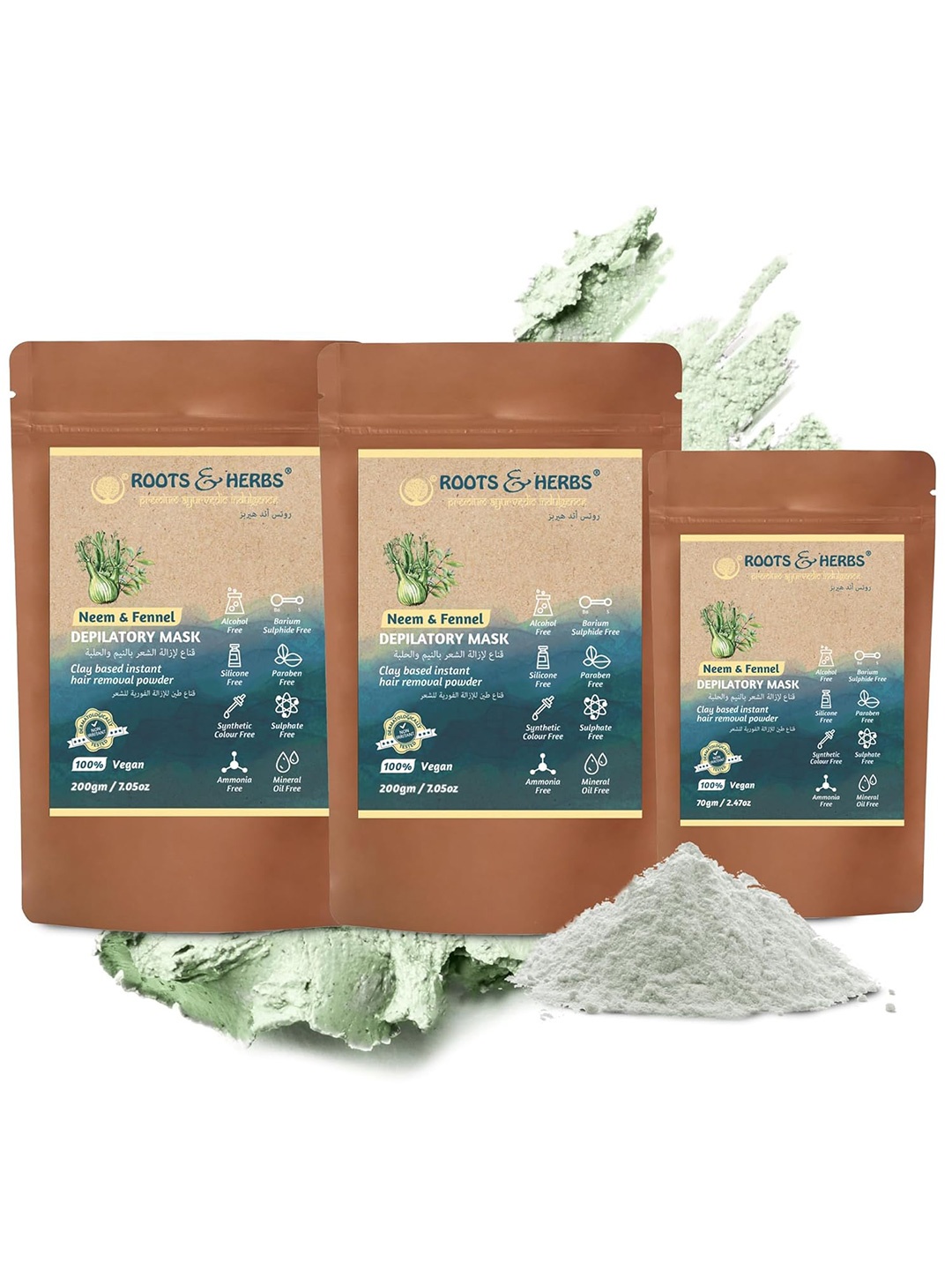 

ROOTS & HERBS Set Of 3 Neem & Fennel Depilatory Mask - 470g, Lime green