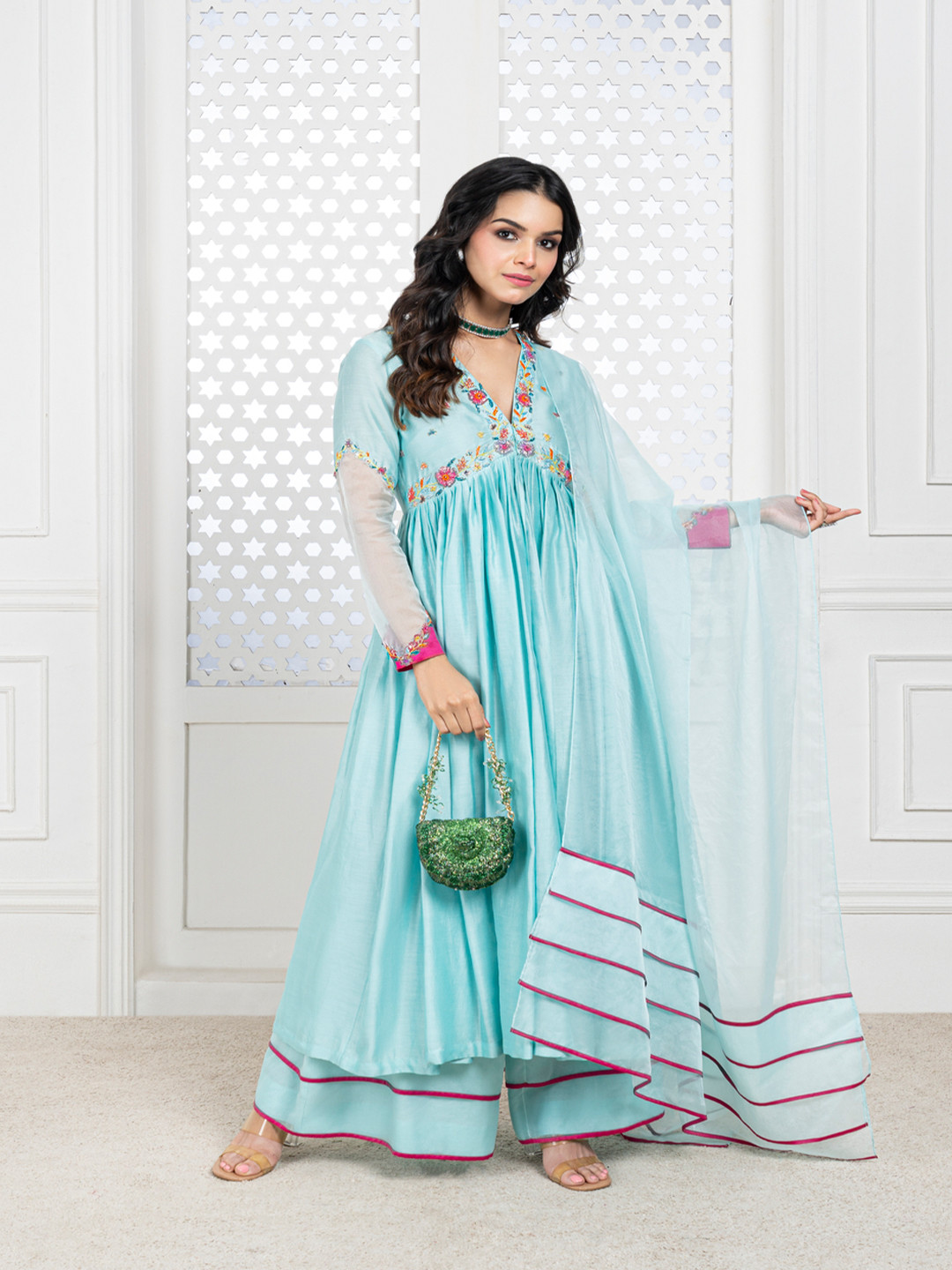 

The Aarya Floral Embroidered Empire Cotton Anarkali Kurta with Palazzos & Dupatta, Blue