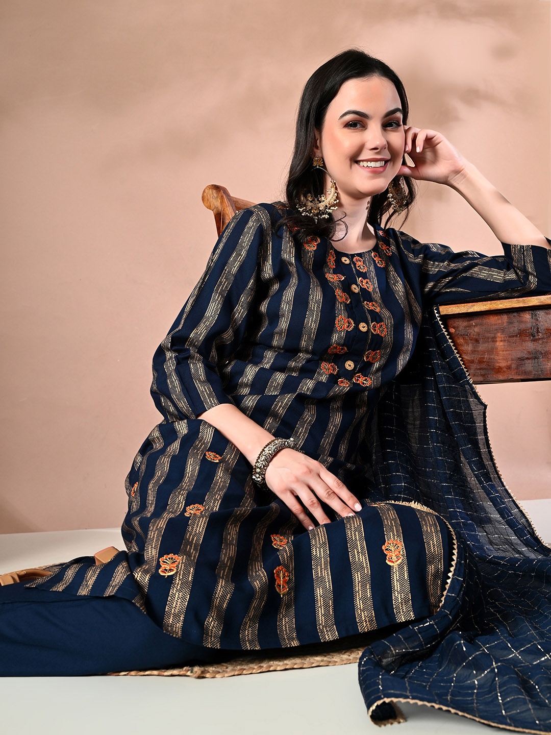 

DOISA Striped Straight Thread Work Kurta with Trousers & Dupatta, Blue