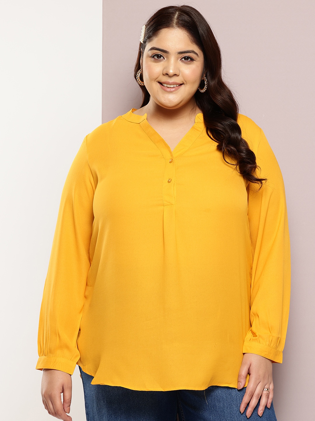 

Qurvii+ Plus Size Comfort Mandarin Collar Casual Shirt, Yellow