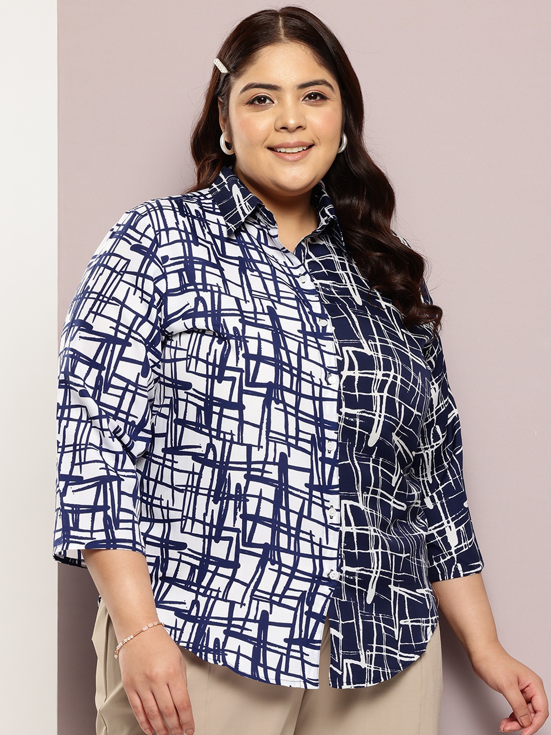 

Qurvii+ Plus Size Comfort Printed Colourblocked Casual Shirt, Navy blue