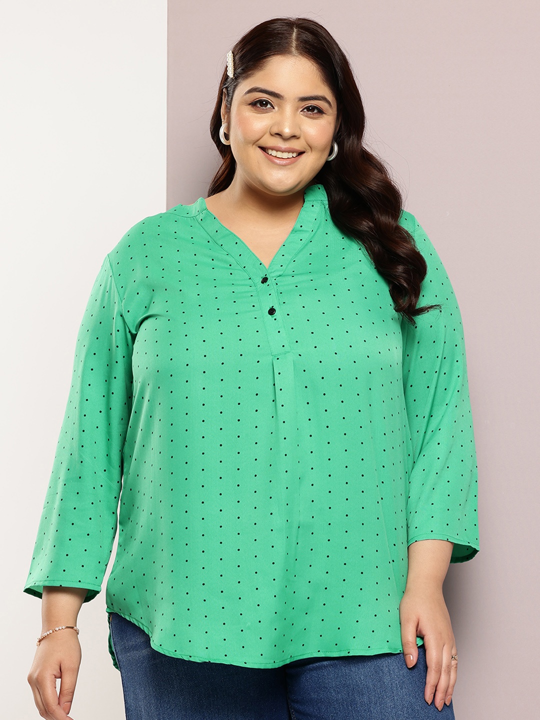 

Qurvii+ Plus Size Comfort Polka Dot Printed Mandarin Collar Casual Shirt, Green