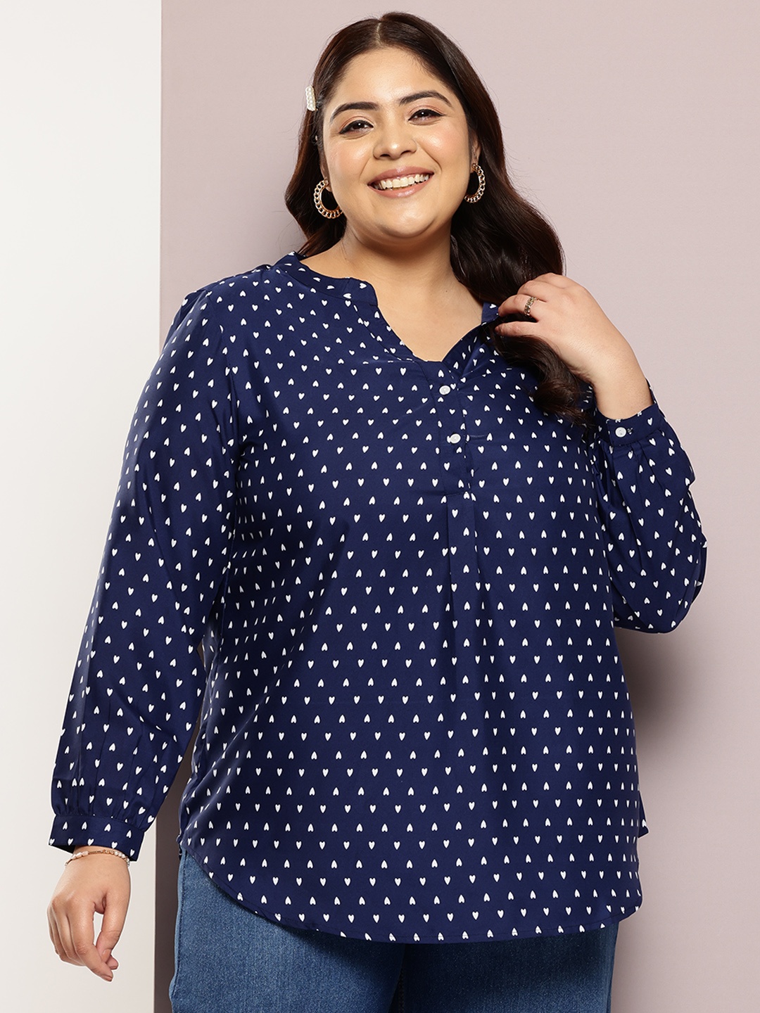 

Qurvii+ Plus Size Comfort Printed Mandarin Collar Casual Shirt, Navy blue