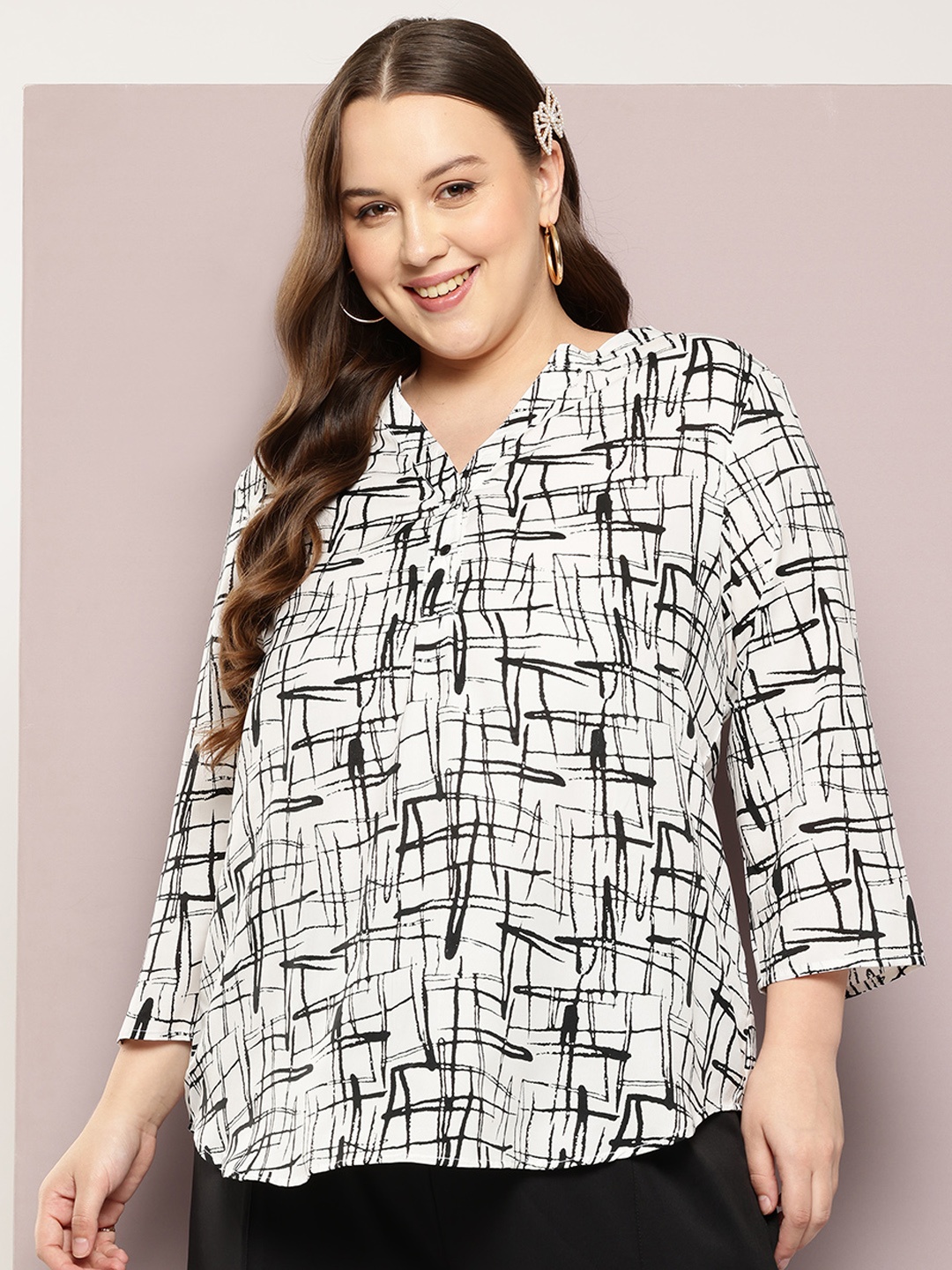 

Qurvii+ Plus Size Comfort Printed Mandarin Collar Casual Shirt, Black