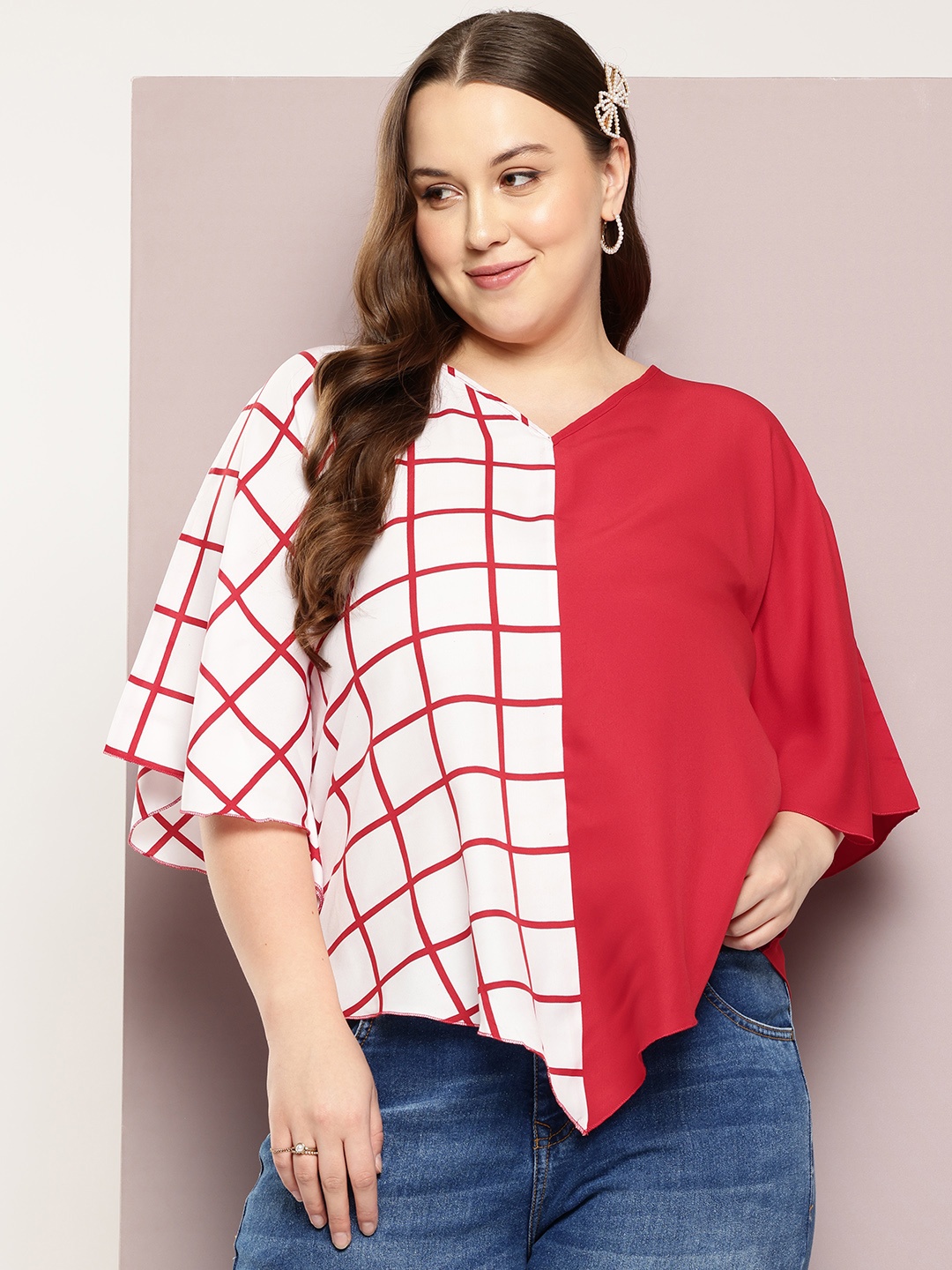 

Qurvii+ Plus Size Print Flared Sleeves Crepe Top, Red