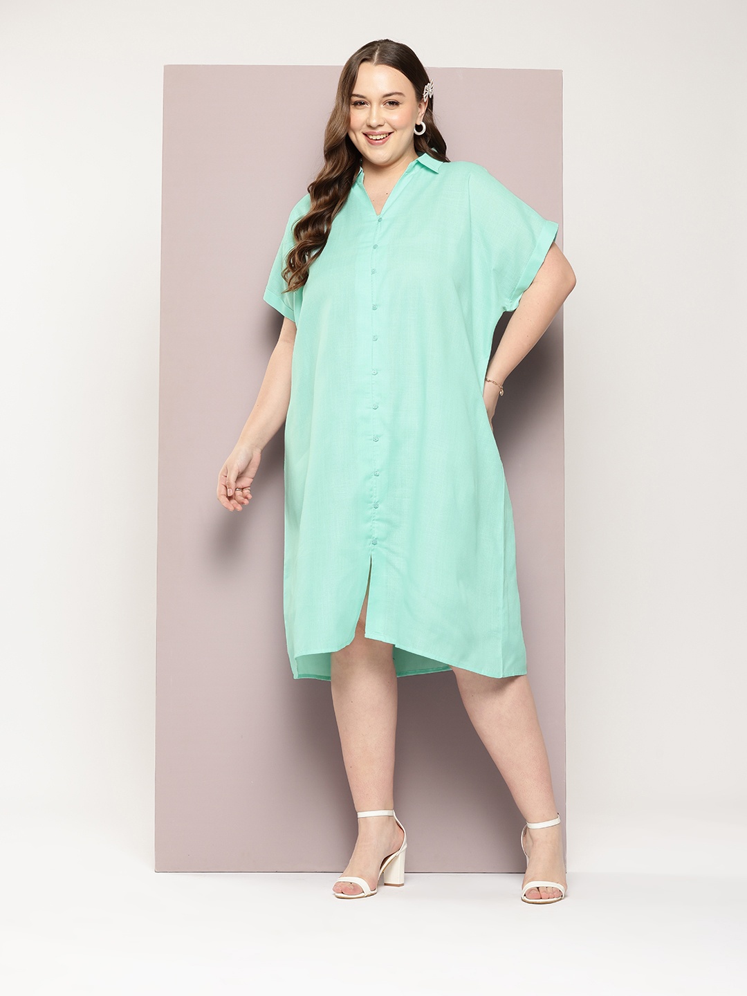 

Qurvii+ Plus Size Shirt Style Midi Dress, Turquoise blue