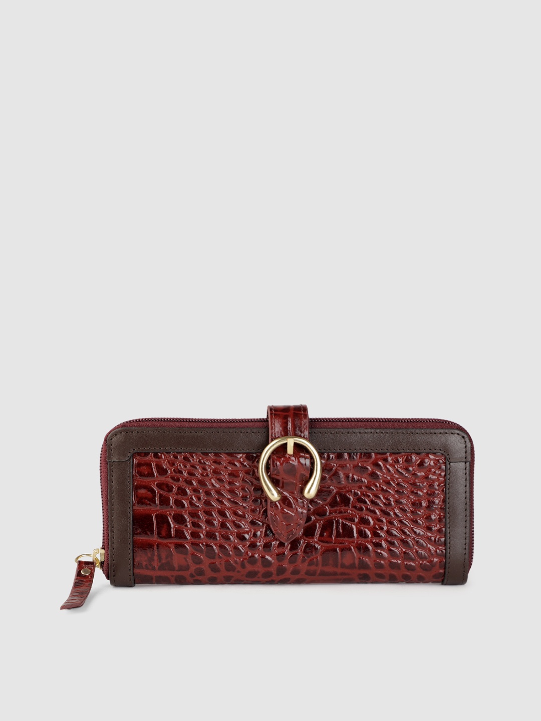 

Hidesign Women Textured Buckle Detail Leather Zip Around Wallet, Maroon