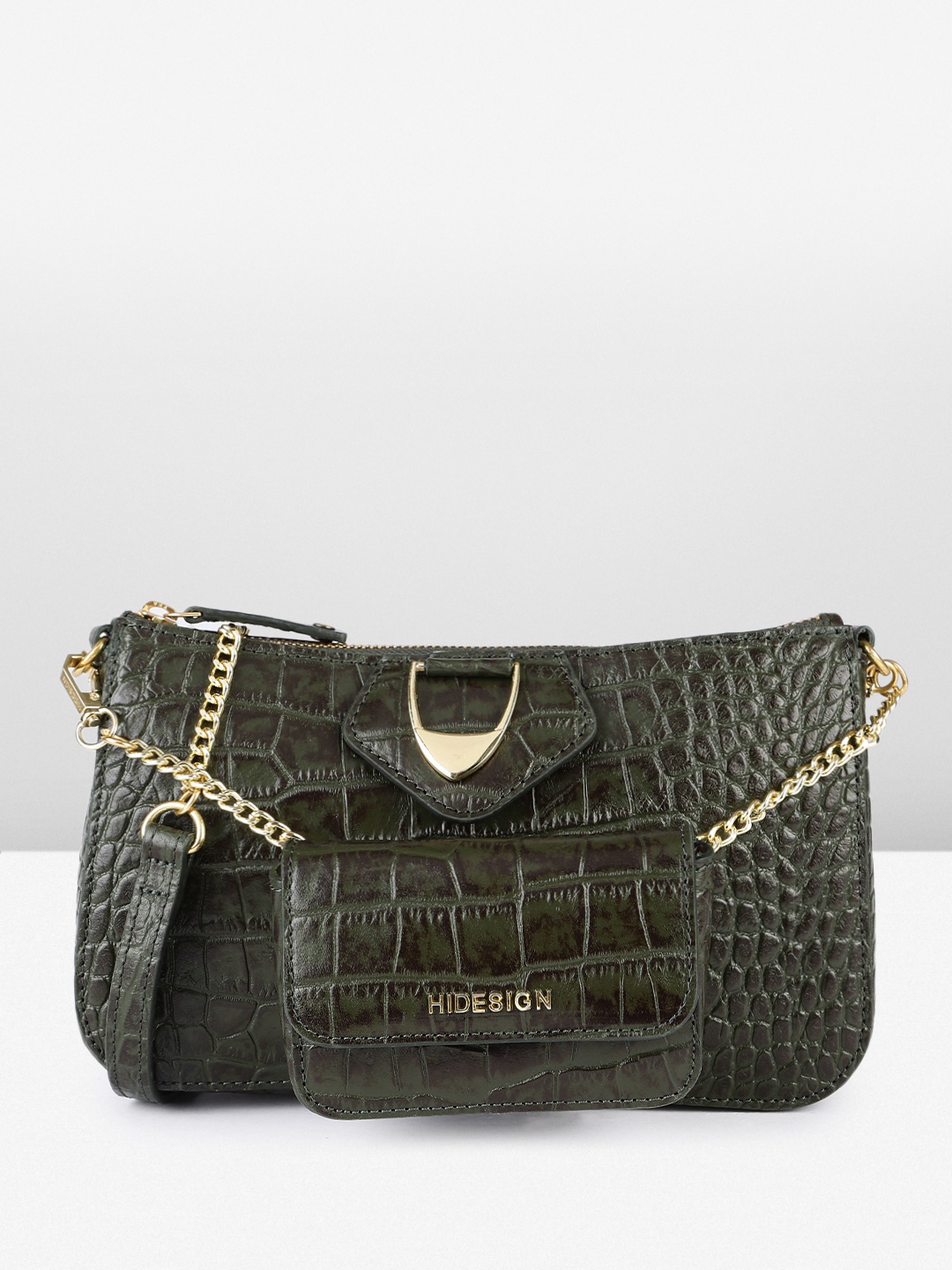 

Hidesign Aria-Croco Animal Printed Textured Leather Sling Bag, Olive