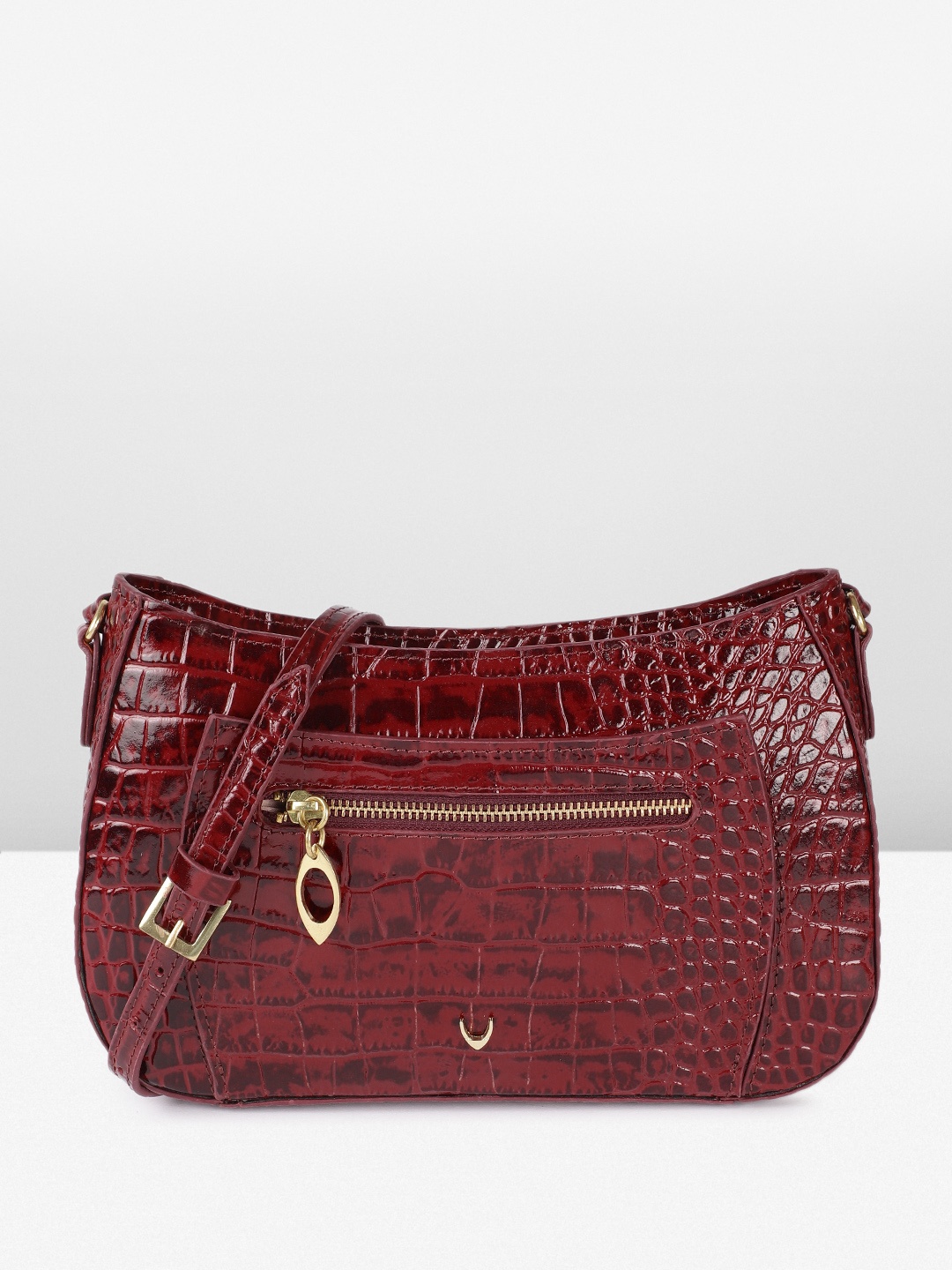 

Hidesign Lea-Patent Animal Printed Textured Sling Bag, Maroon