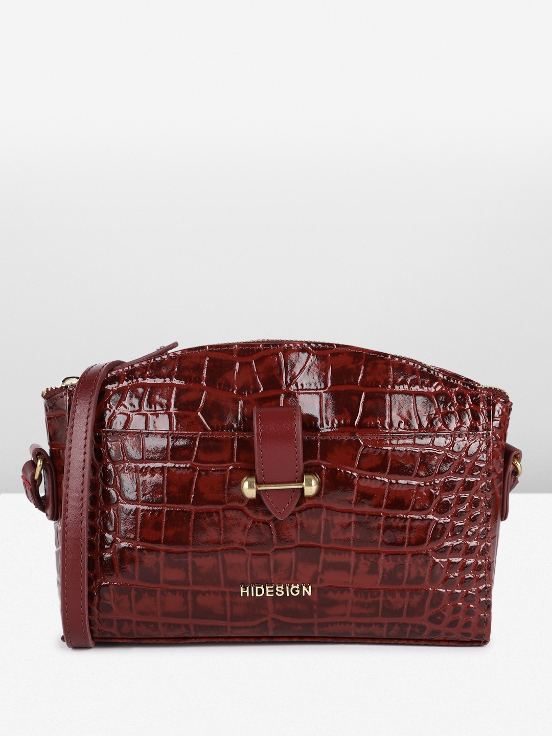 

Hidesign Suzette-Patent Croco Textured Animal Print Sling Bag, Maroon