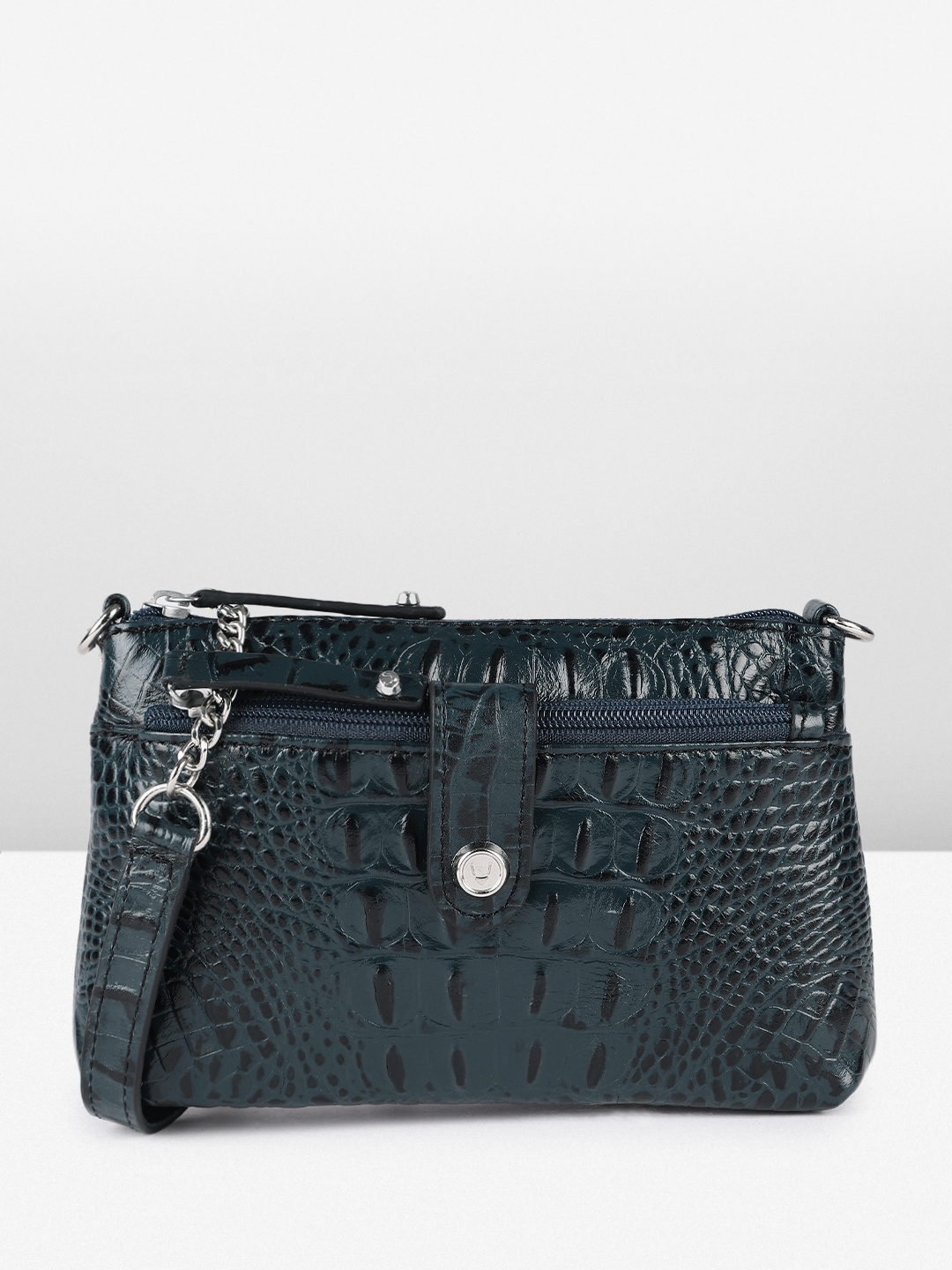 

Hidesign Animal Textured Leather Structured Sling Bag, Navy blue