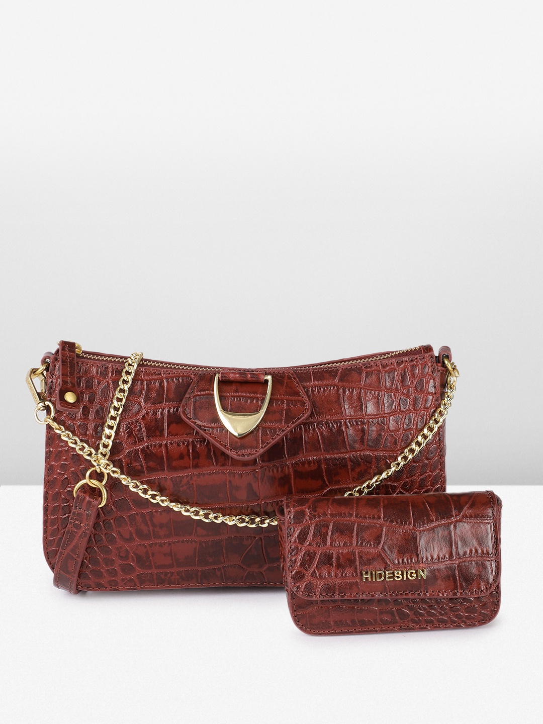 

Hidesign Animal Textured Leather Structured Shoulder Bag with Pouch, Burgundy