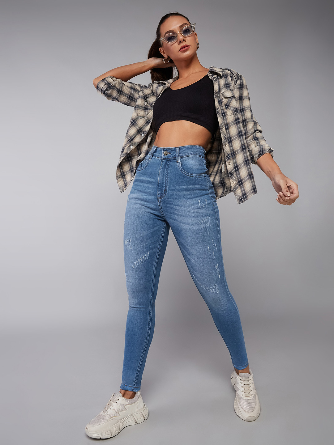 

Miss Chase Women Skinny Fit High-Rise Mildly Distressed Light Fade Stretchable Jeans, Blue