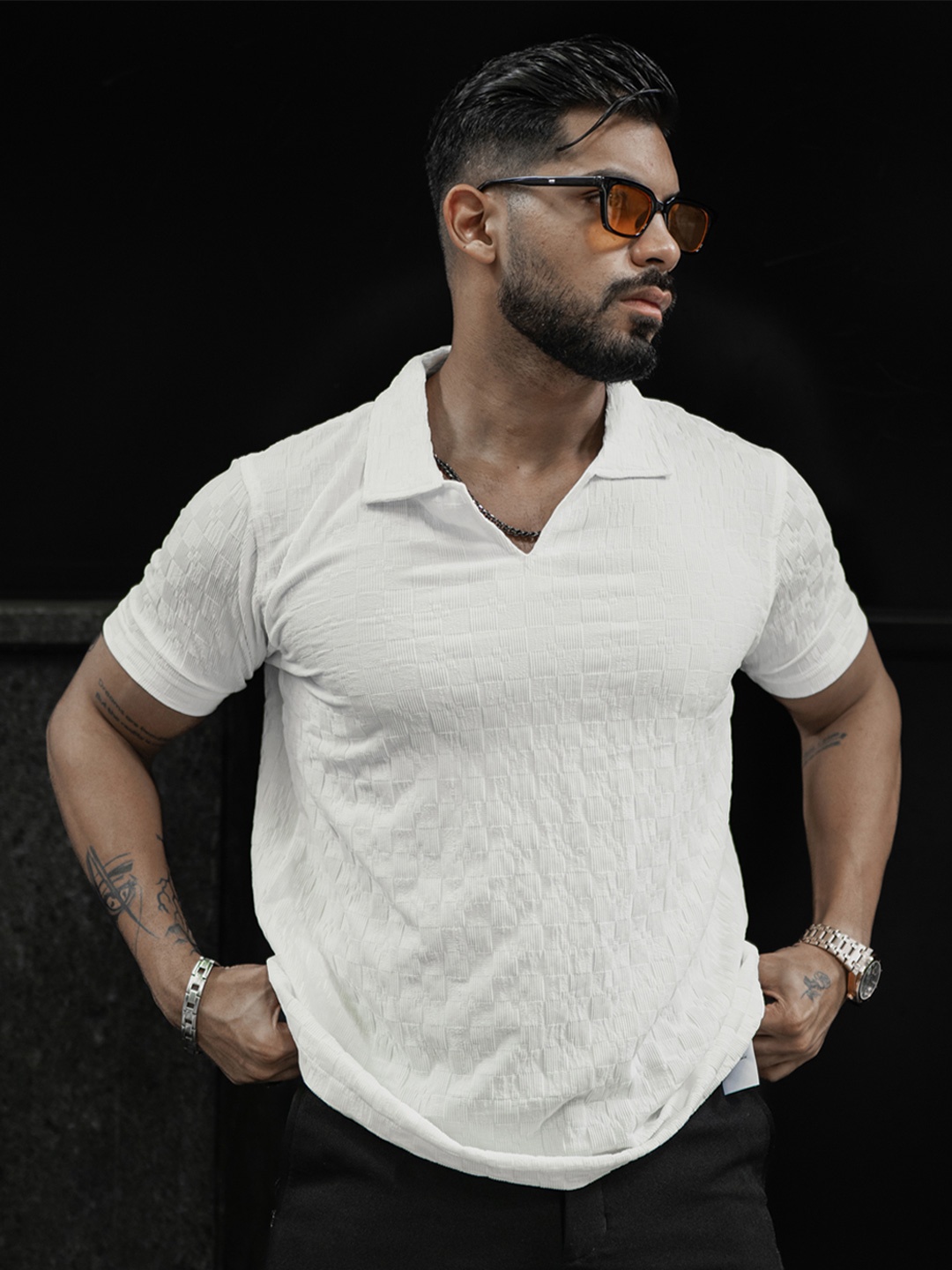 

Powerlook Men Self Design Polo Collar T-Shirt, White