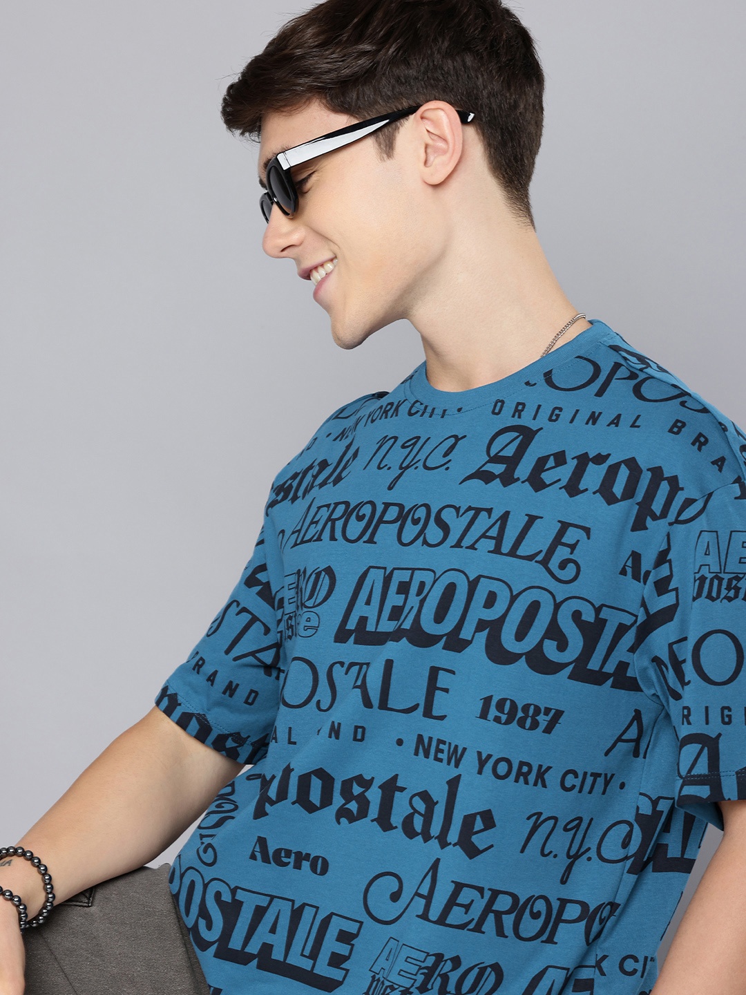 

Aeropostale Typography Printed Drop-Shoulder Sleeves Pure Cotton T-shirt, Blue