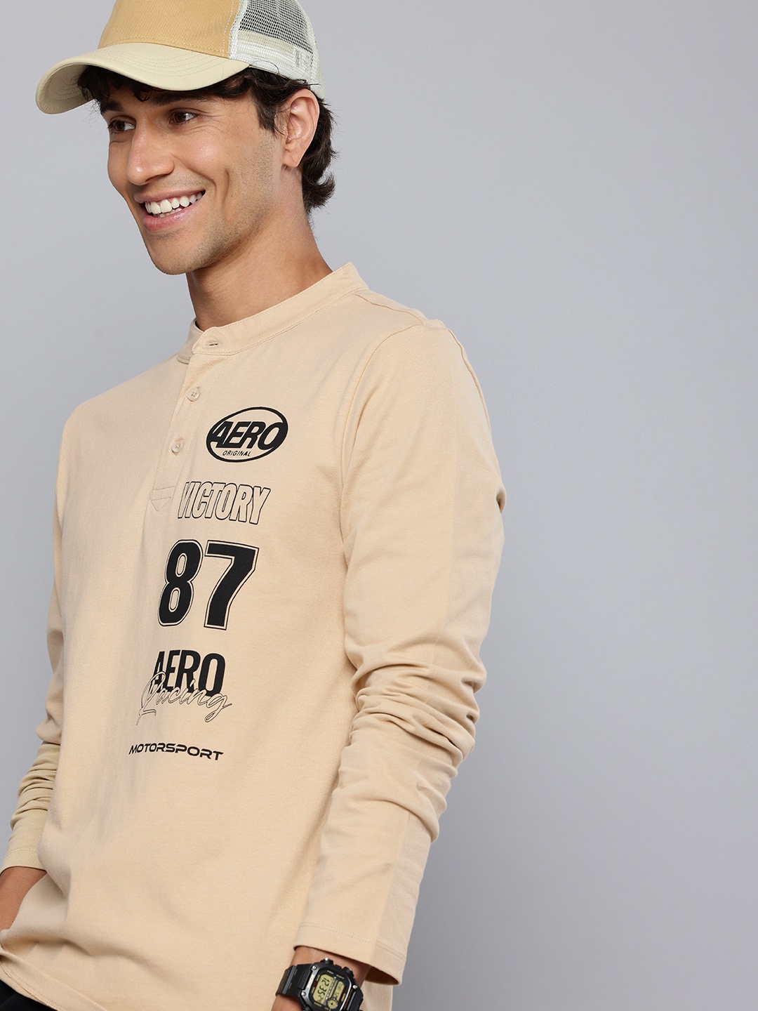 

Aeropostale Printed Henley Neck Pure Cotton T-shirt, Beige