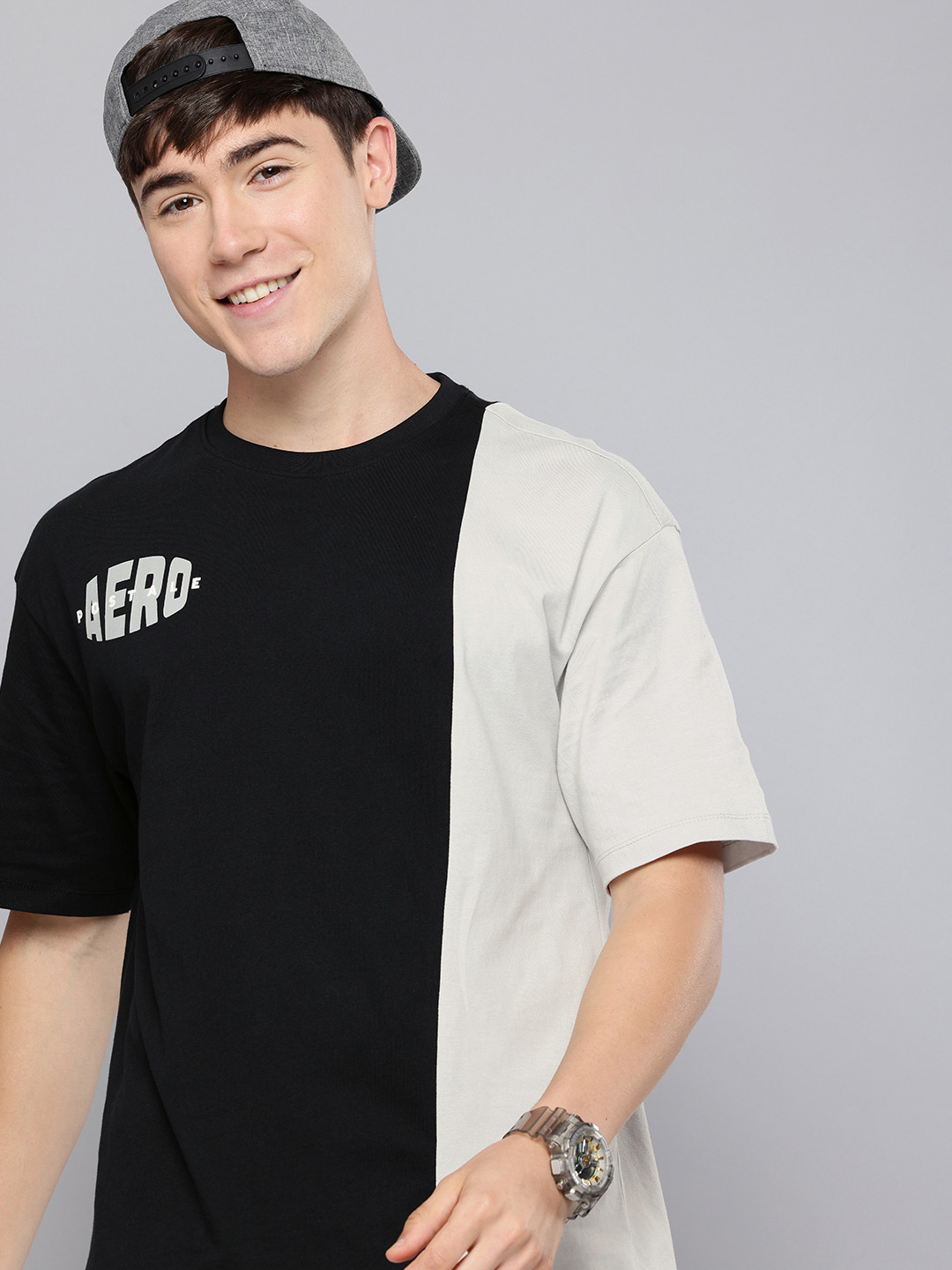 

Aeropostale Colourblocked Drop-Shoulder Sleeves Relaxed Fit Pure Cotton T-shirt, Black