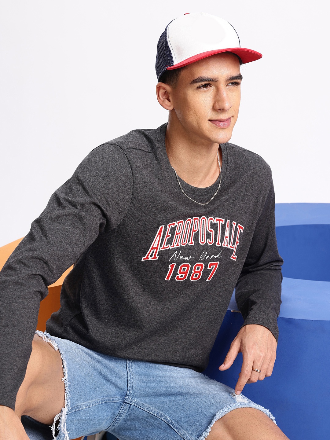 

Aeropostale Brand Logo Embroidered Pure Cotton T-shirt, Grey