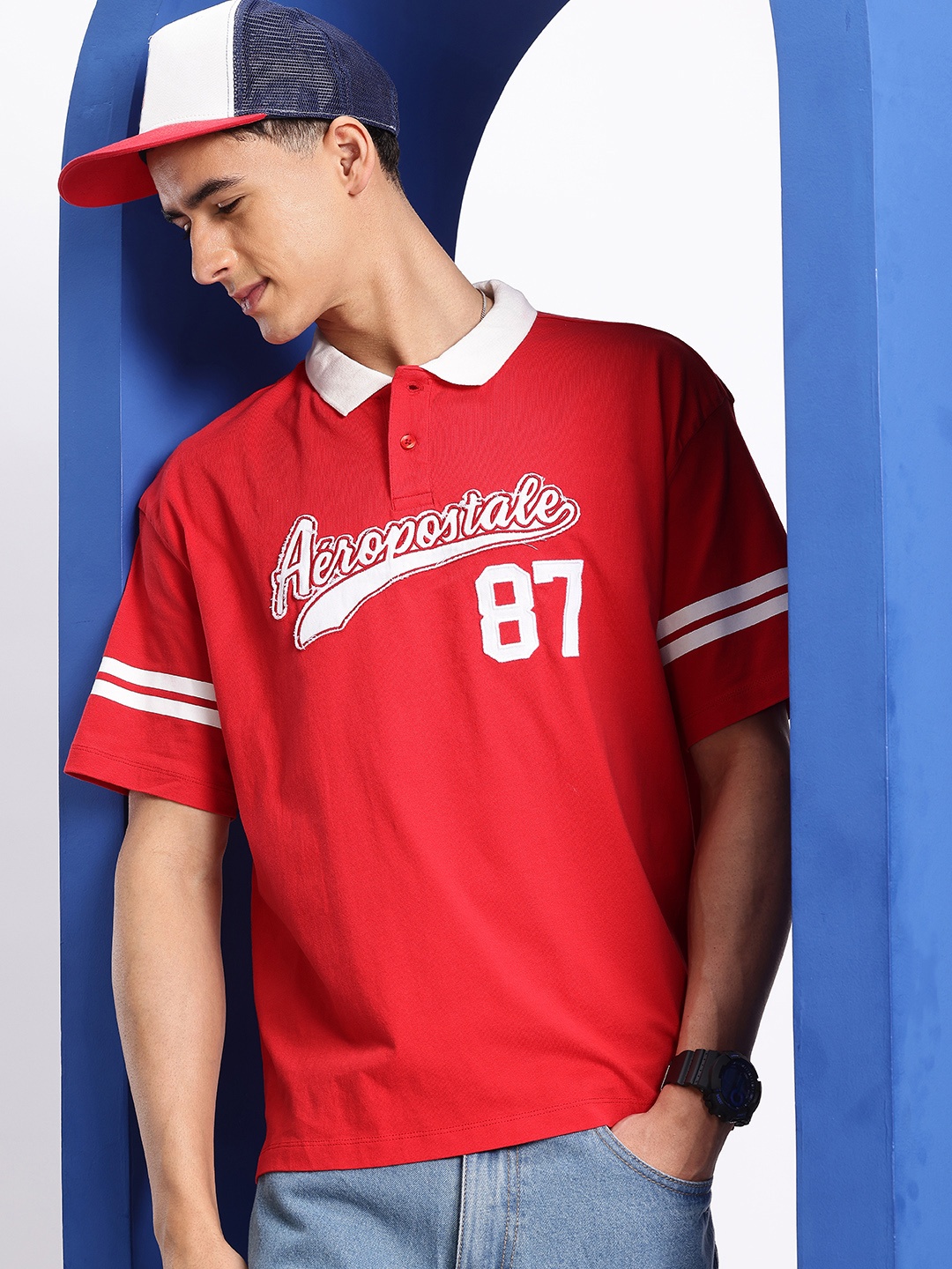 

Aeropostale Brand Logo Embroidered Polo Collar Relaxed Fit Pure Cotton T-shirt, Red