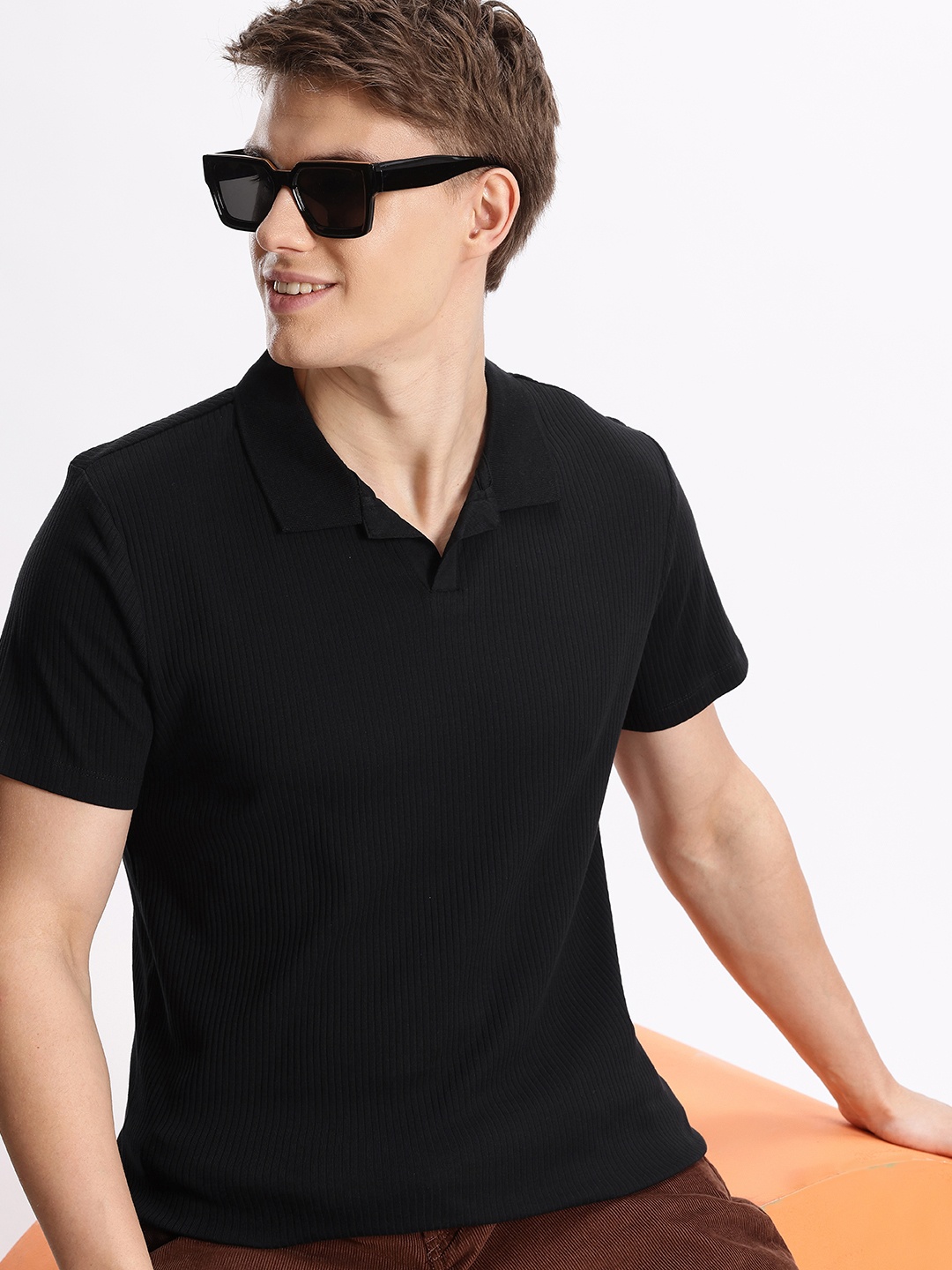 

Aeropostale Ribbed Polo Collar Pure Cotton T-shirt, Black