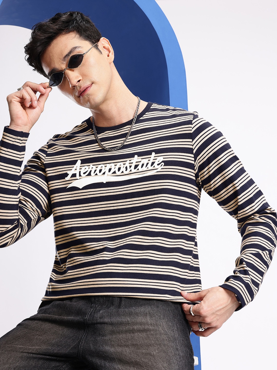 Aeropostale Pure Cotton Brand Logo Striped T-shirt, Navy blue