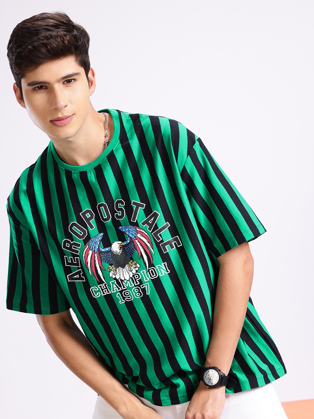 

Aeropostale Striped Drop-Shoulder Sleeves Pure Cotton T-shirt, Green