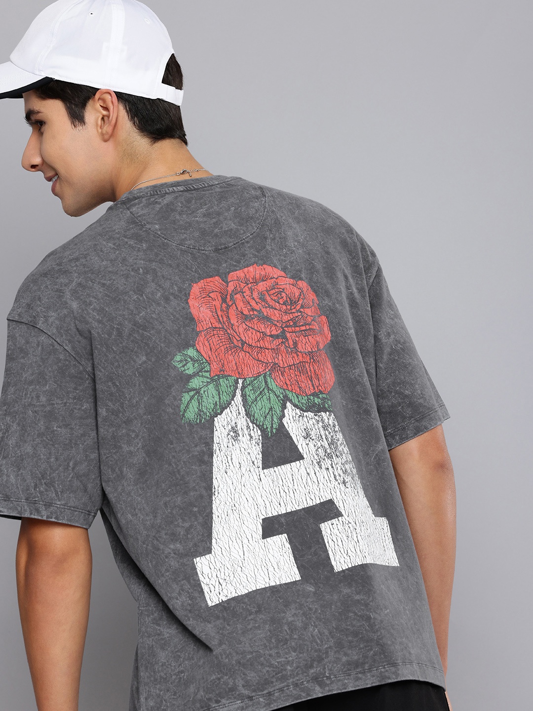 Aeropostale Typography Floral Printed Drop-Shoulder Sleeves Pure Cotton T-shirt, Grey
