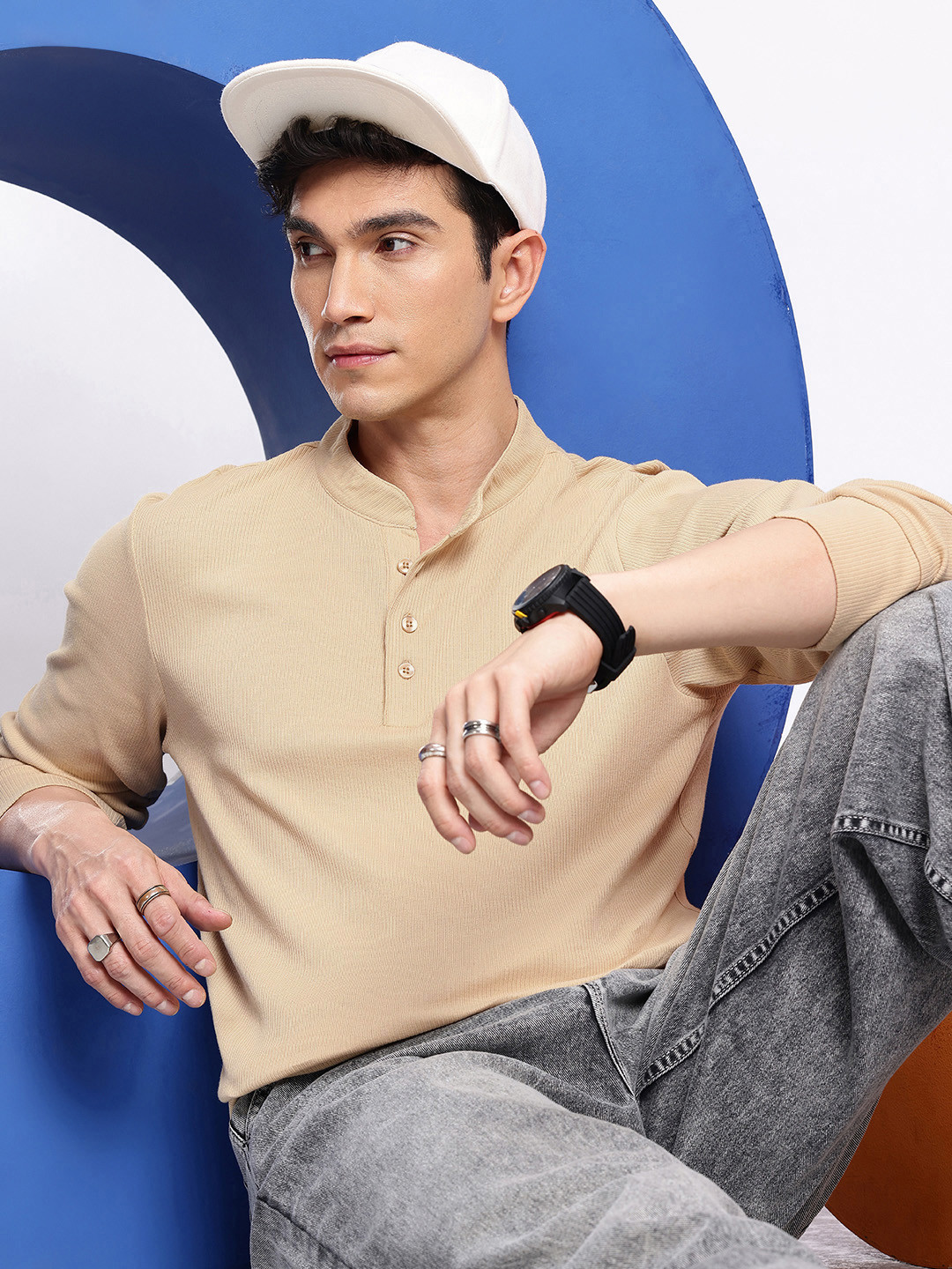 

Aeropostale Pure Cotton Ribbed Mandarin Collar T-shirt, Beige