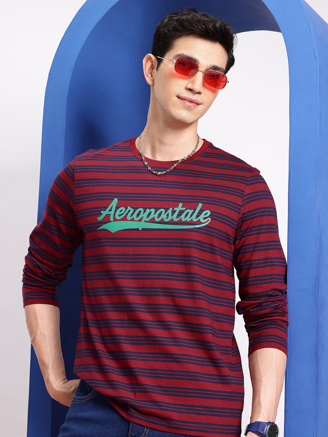 

Aeropostale Pure Cotton Long Sleeves Striped T-shirt, Red