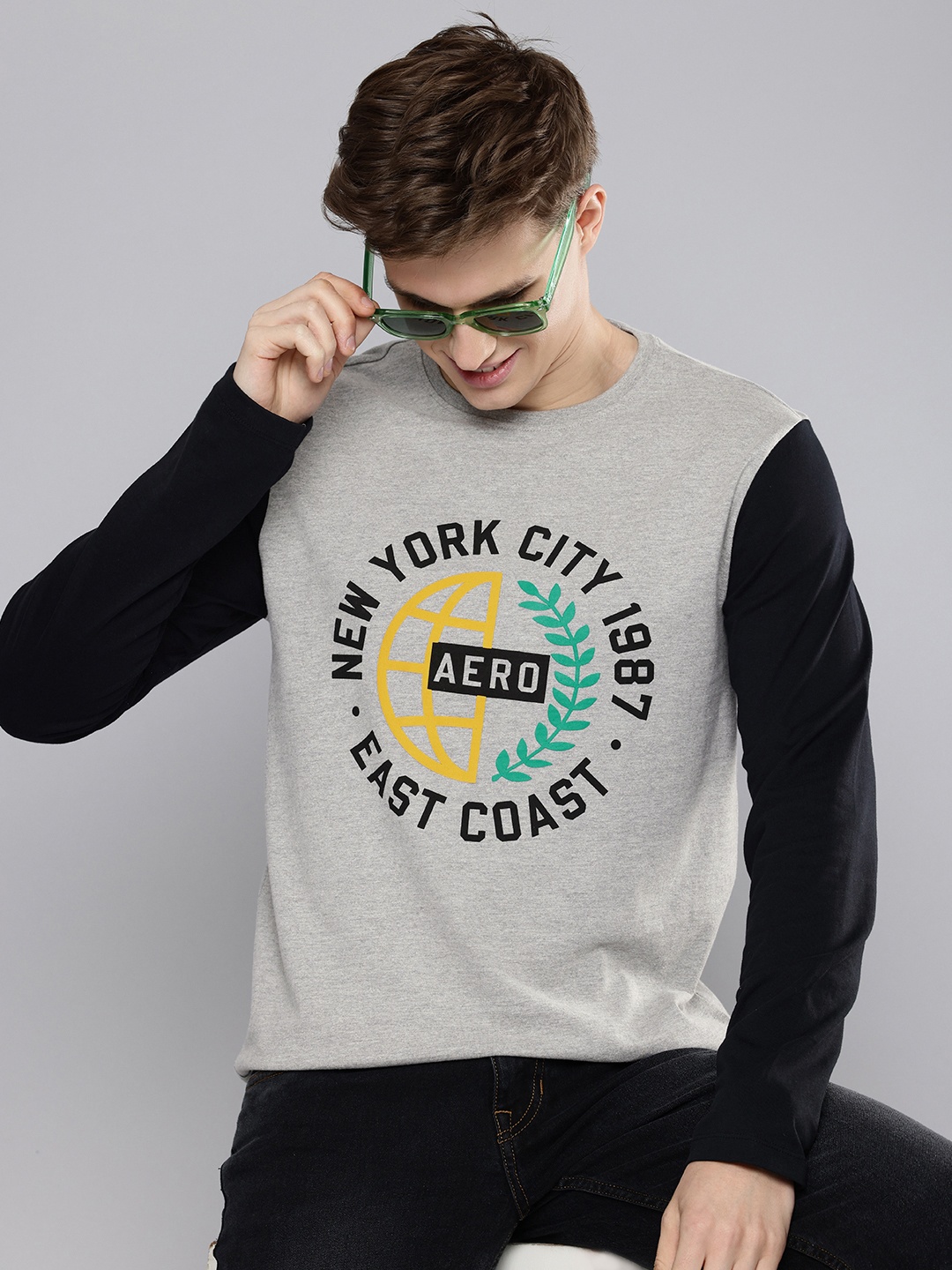 

Aeropostale Colourblocked Brand Logo Printed T-shirt, Grey