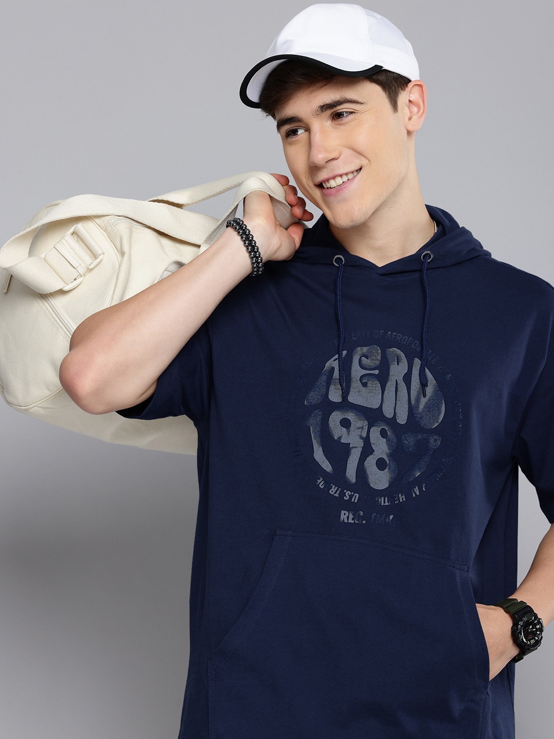 

Aeropostale Printed Hooded Drop-Shoulder Sleeves Relaxed Fit Pure Cotton T-shirt, Navy blue