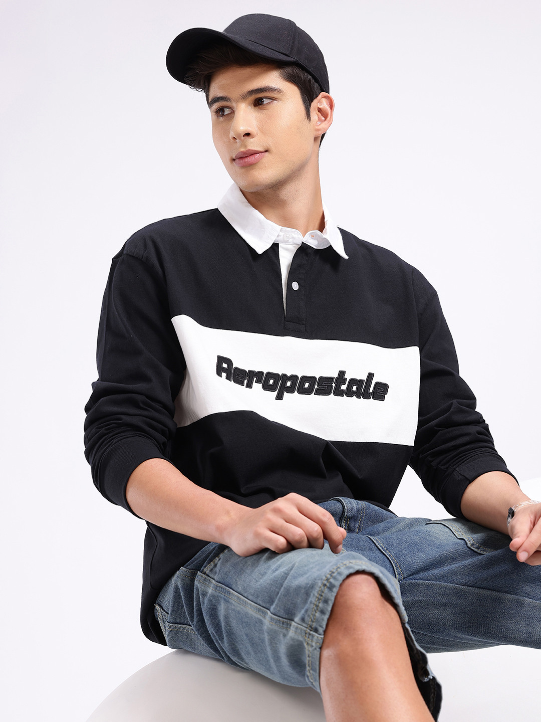 

Aeropostale Colourblocked Monochrome Polo Collar Drop-Shoulder Pure Cotton Relaxed T-shirt, Black