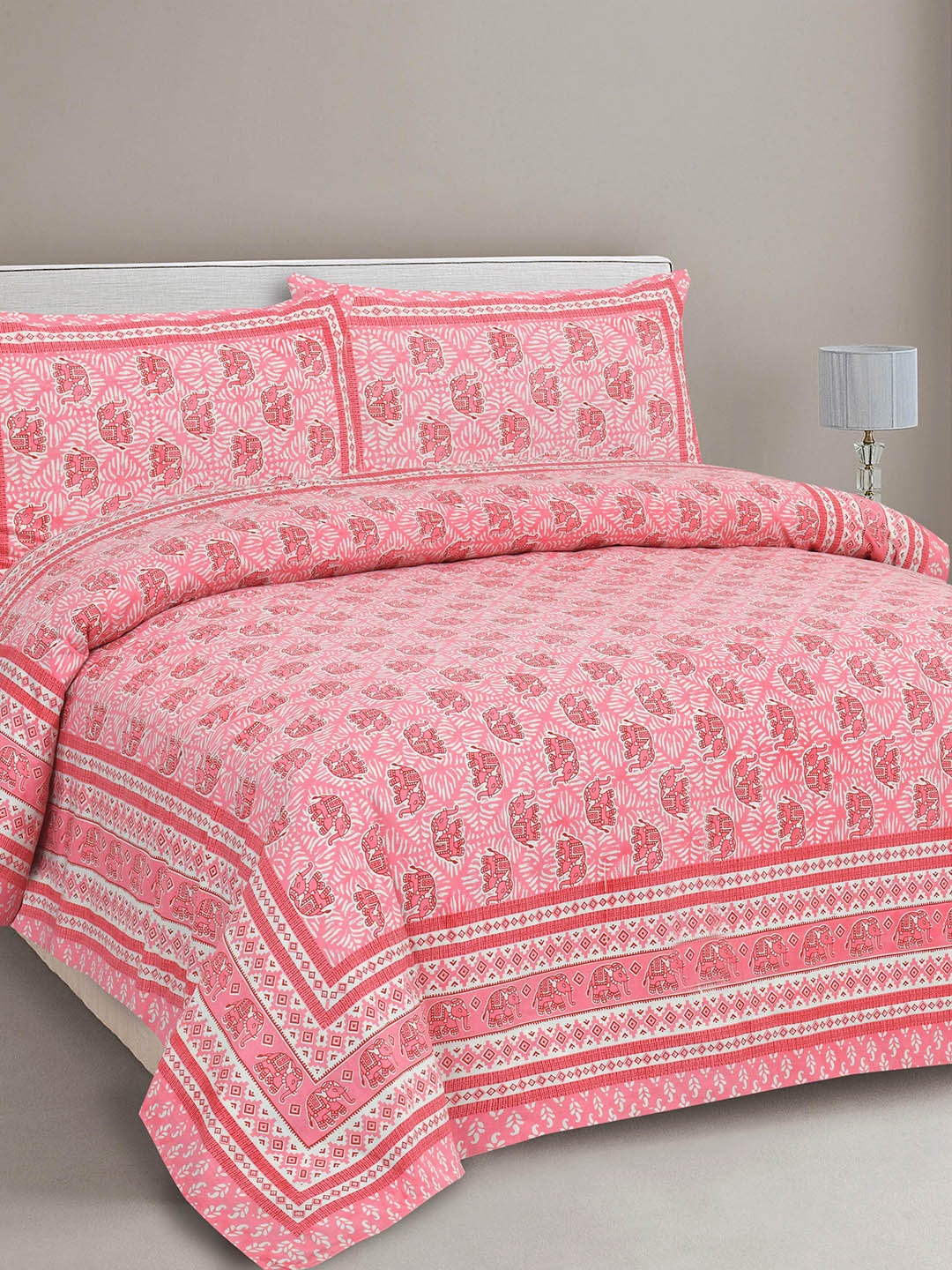 

CLOTHOLOGY Pink & White Ethnic Motifs 180 TC King Bedsheet with 2 Pillow Covers